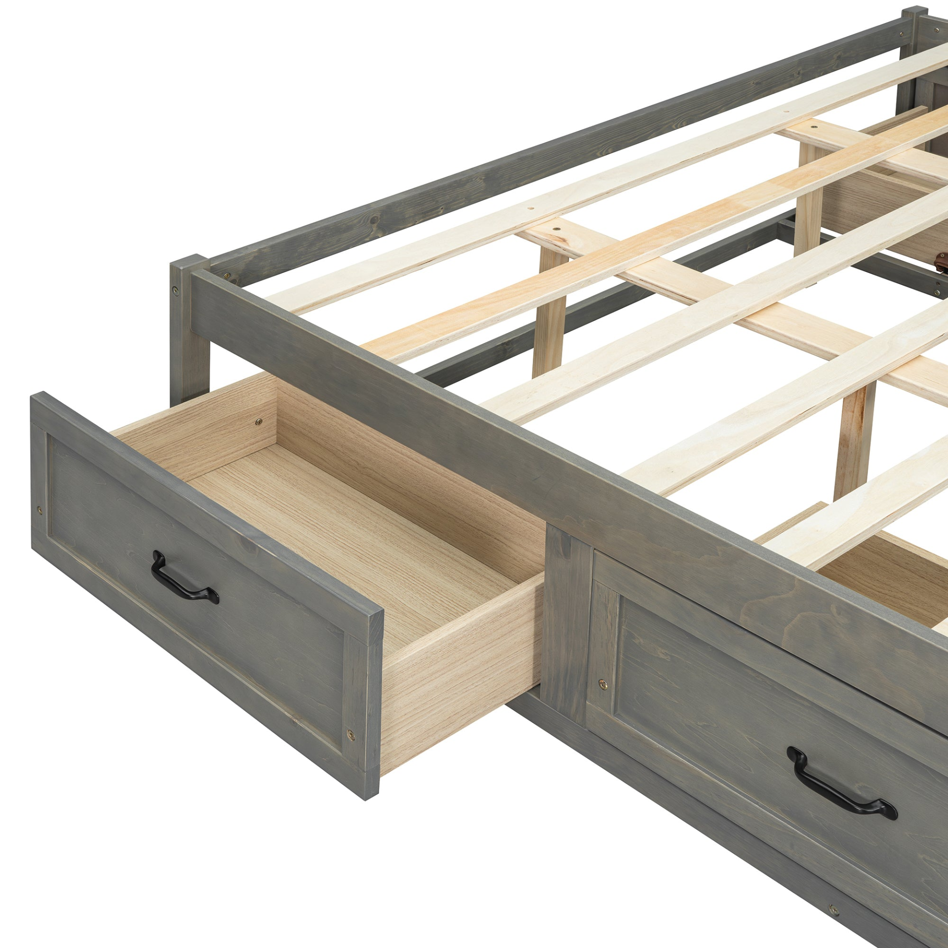Start2Finish platform bed with antique-inspired design and built-in storage drawers, showcasing a sturdy frame and elegant style.