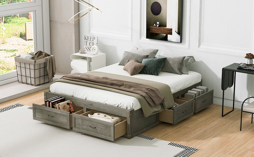Start2Finish platform bed with antique-inspired design and built-in storage drawers, showcasing a sturdy wooden frame and elegant finish.