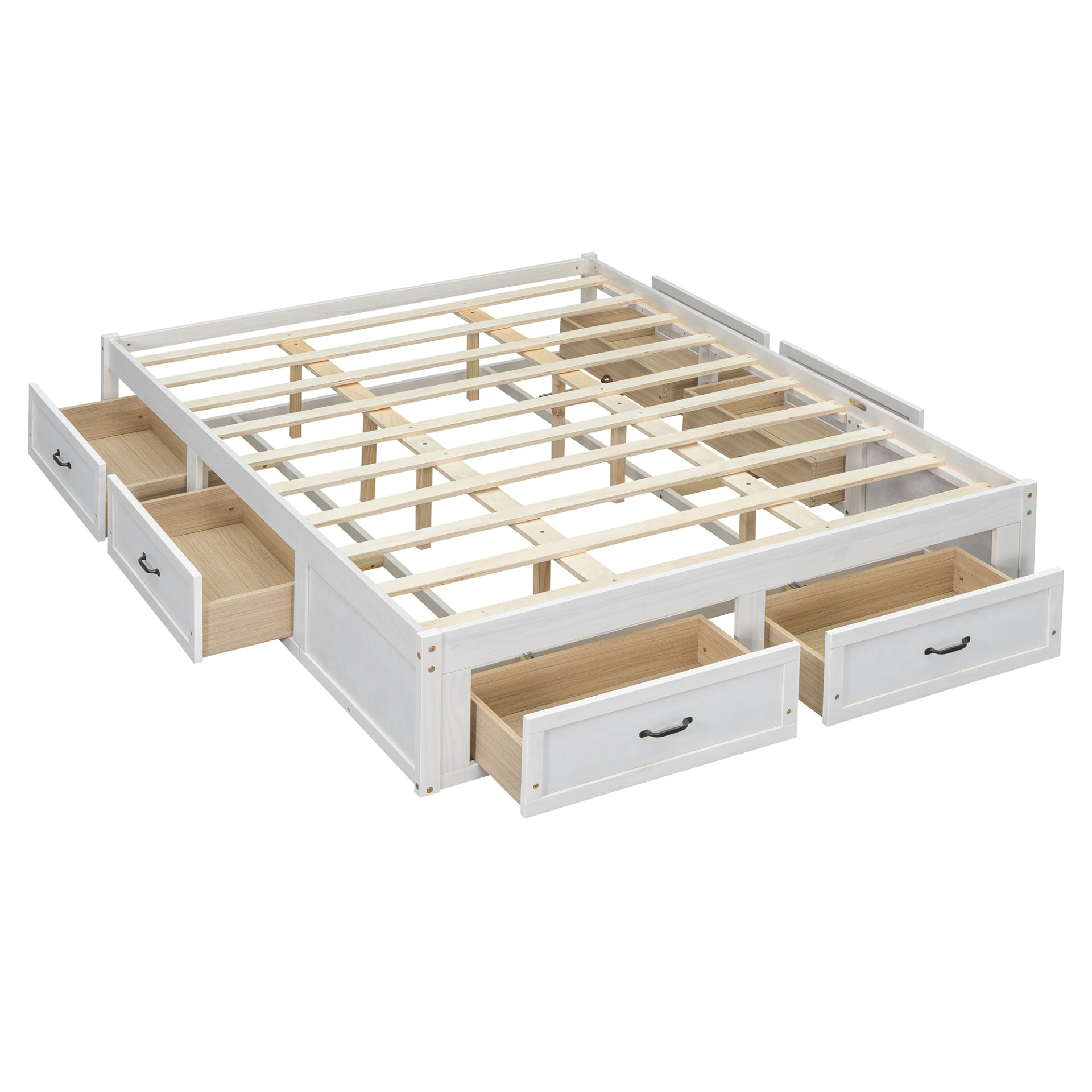 Start2Finish platform bed with antique-inspired design and built-in storage drawers, showcasing a stylish and functional bedroom furniture piece.