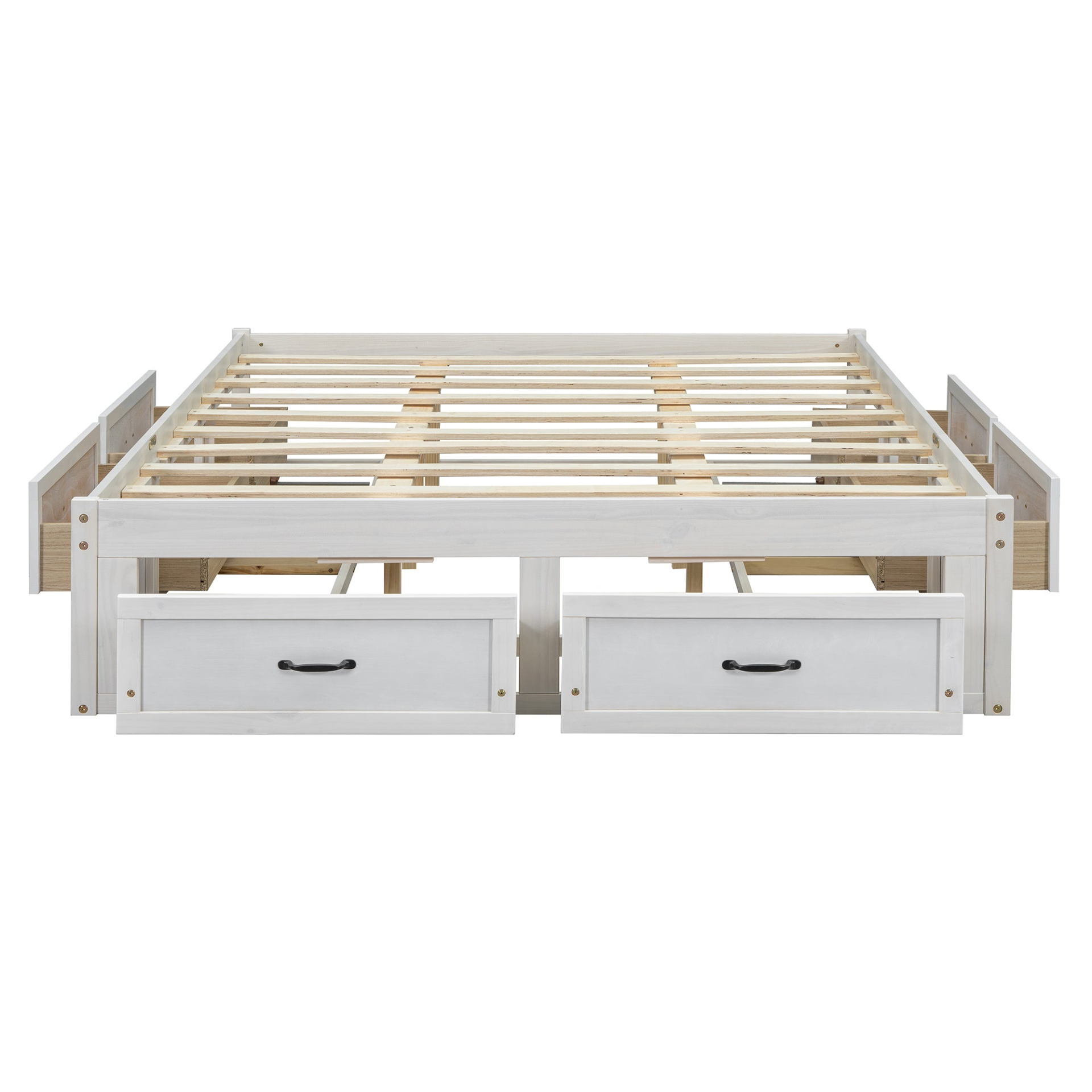 Start2Finish platform bed with antique-inspired design and built-in storage drawers, showcasing the elegant headboard and storage compartments.
