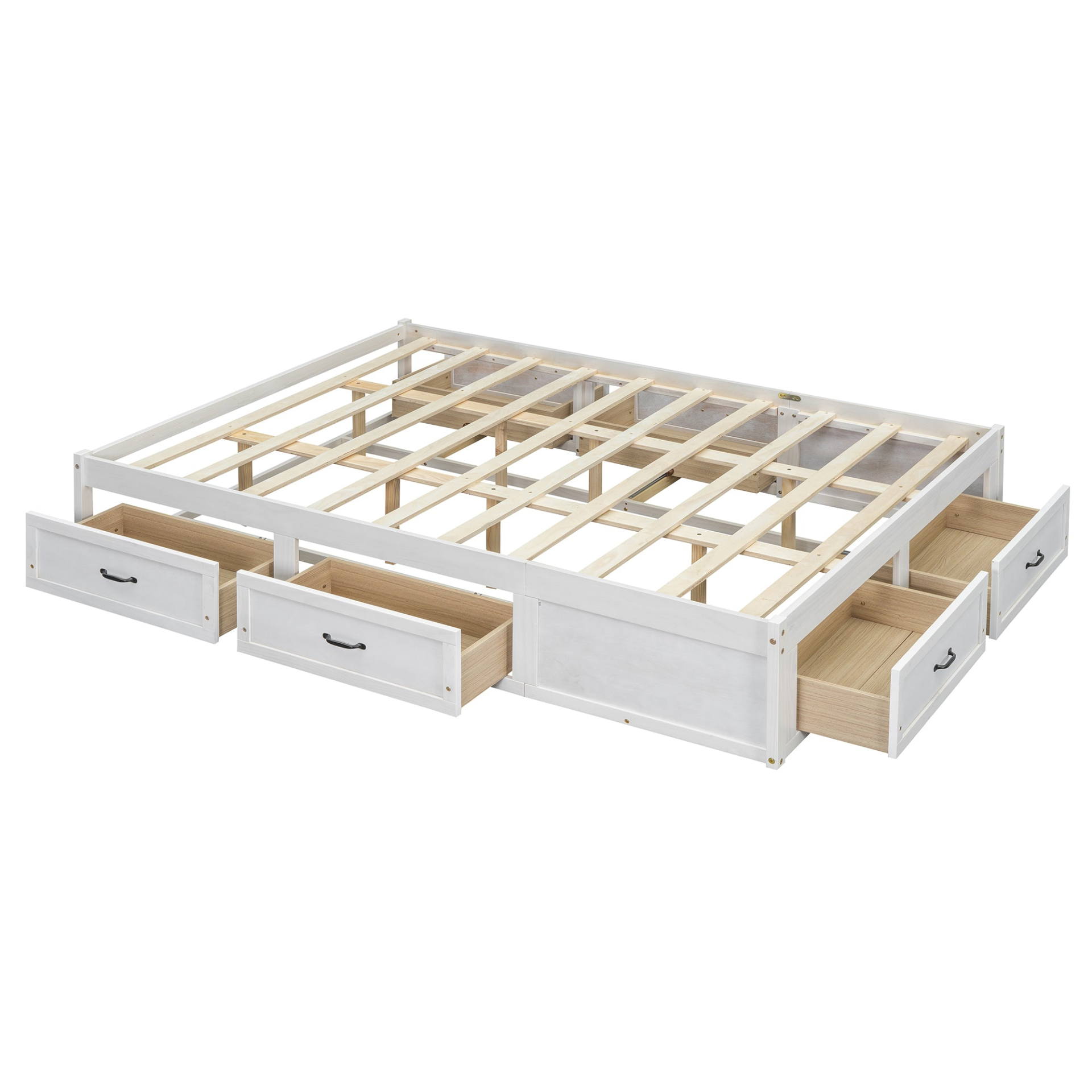 Start2Finish platform bed with storage drawers, antique-inspired wood finish and built-in storage solution.