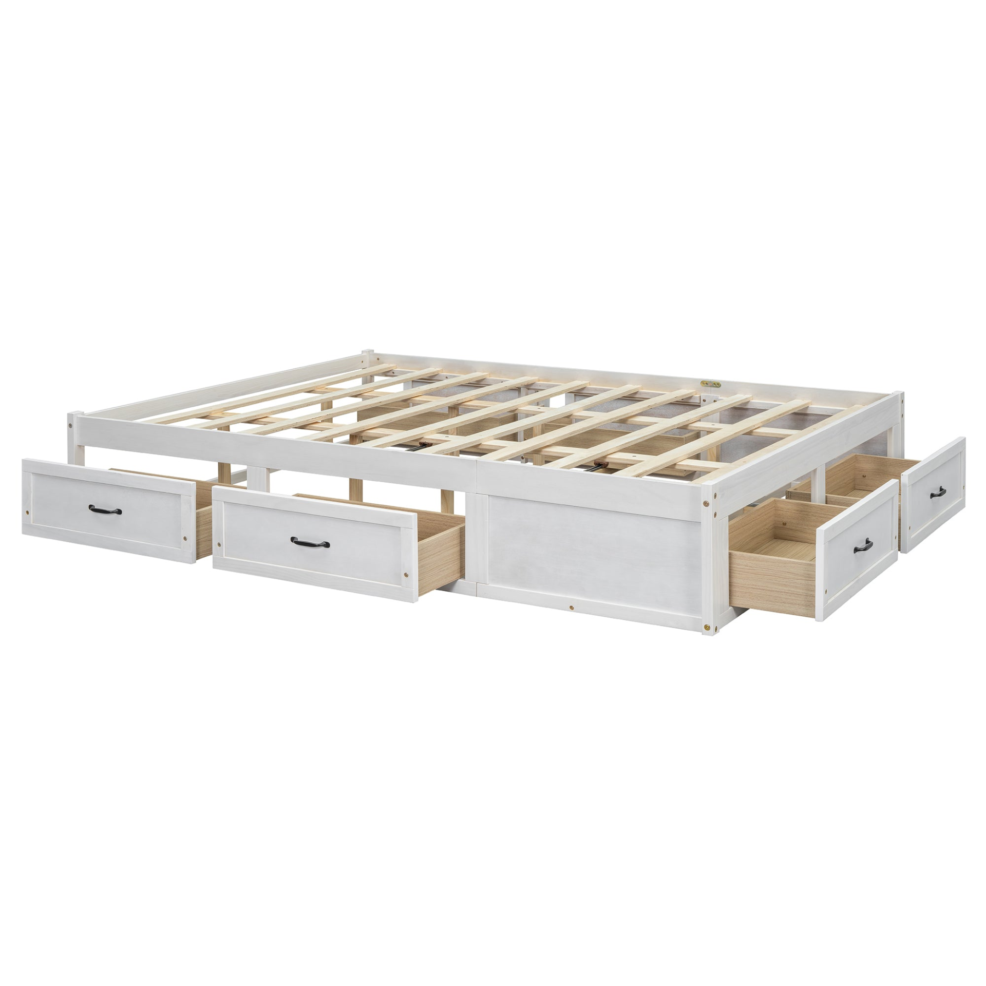 Start2Finish platform bed with antique-inspired design and built-in storage drawers, showcasing the stylish bed frame and storage compartments.
