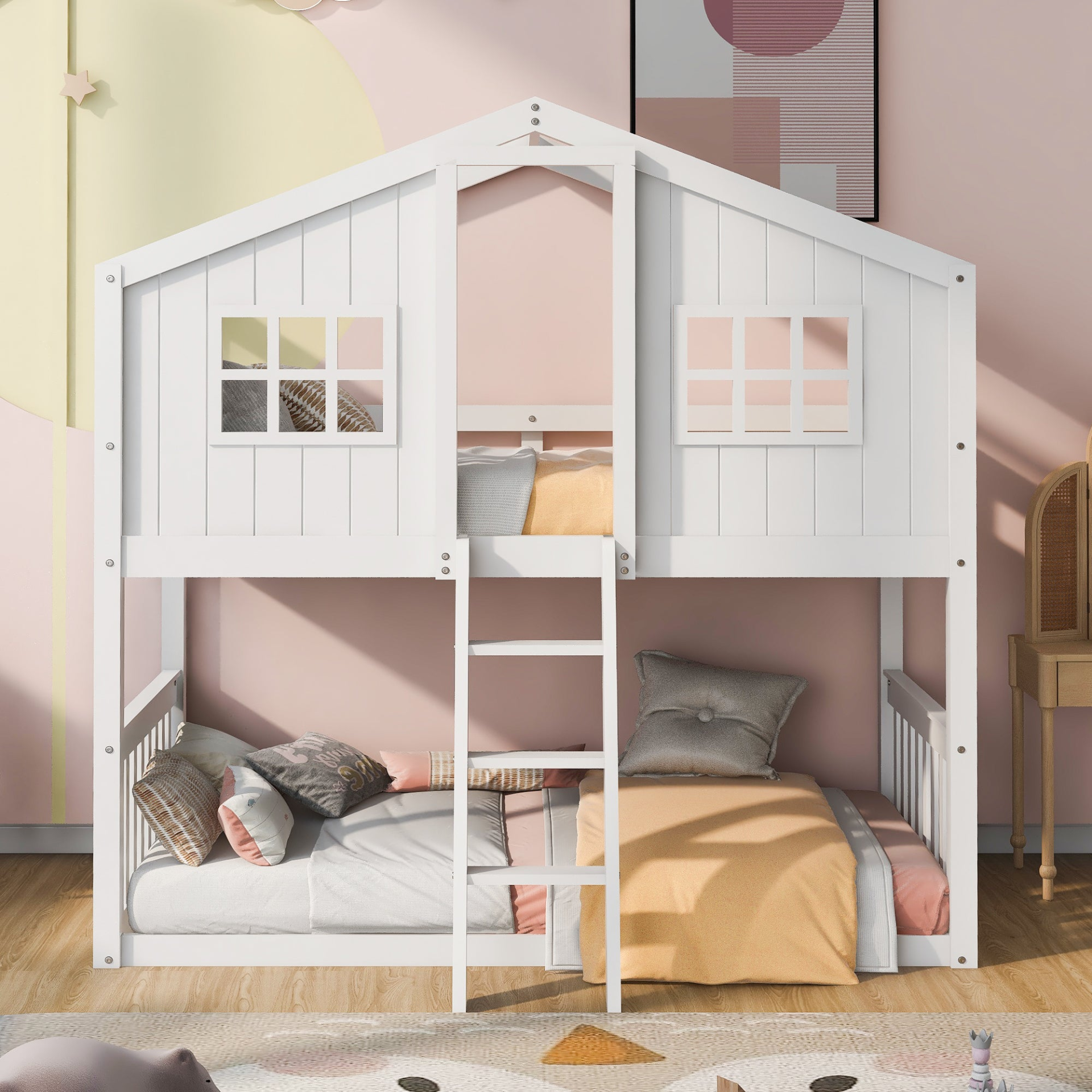 Wood twin over twin house bunk bed with ladder for kids and teens, sturdy furniture by Start2Finish, featuring a cozy roof design.