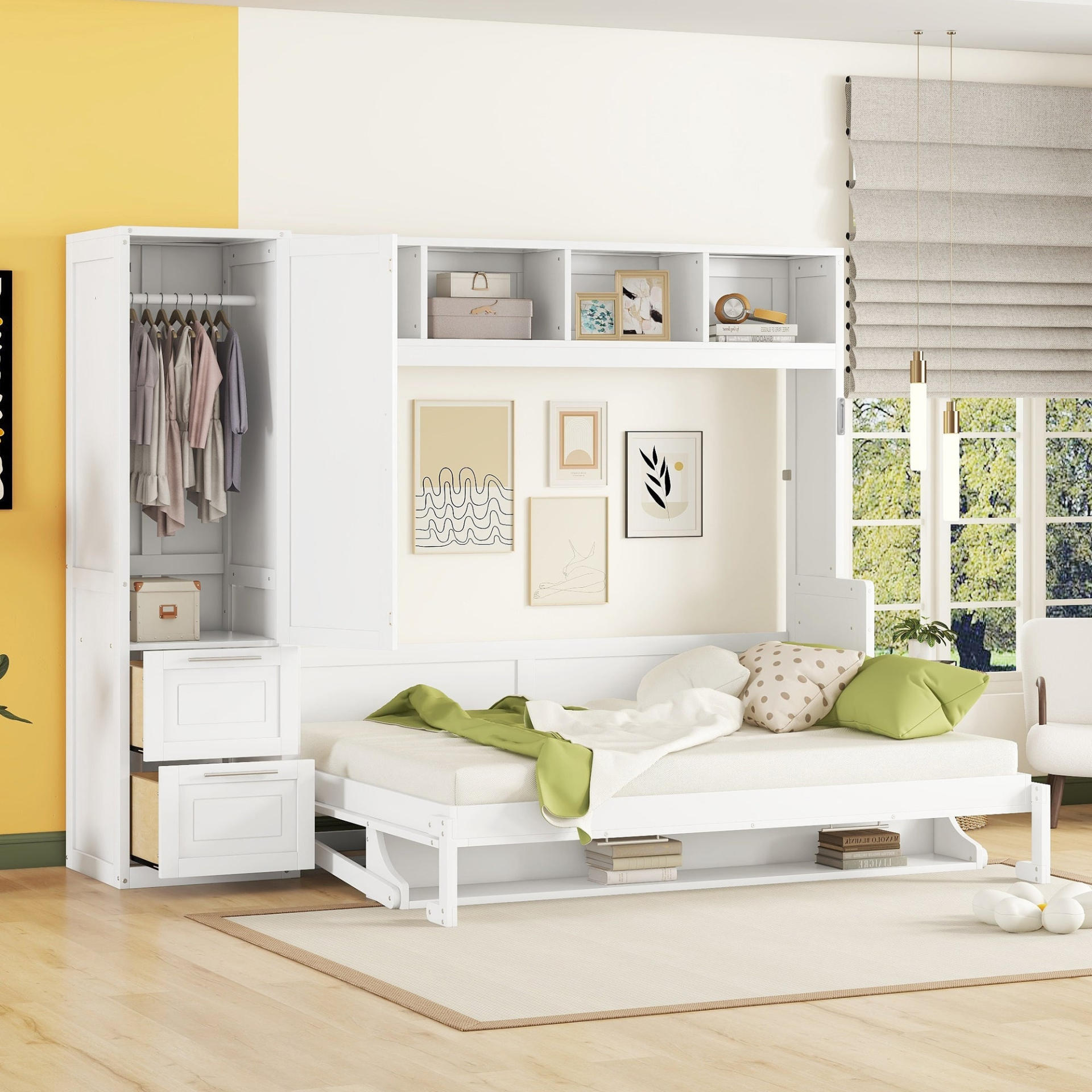 Queen size Murphy wall bed by Start2Finish with built-in closet and drawers, modern space-saving design in a compact room setup.