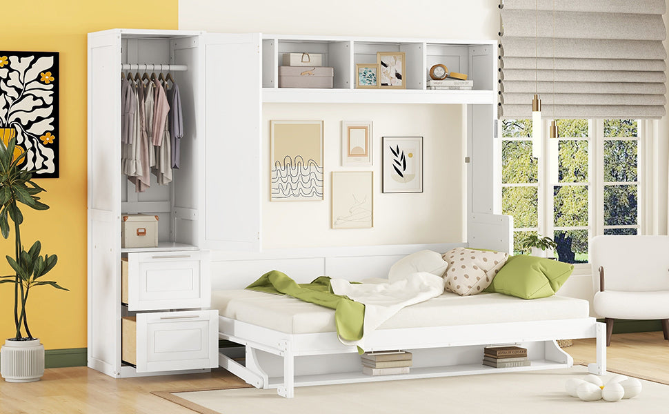 Queen size Murphy wall bed by Start2Finish with built-in closet and drawers, modern space-saving bedroom furniture.