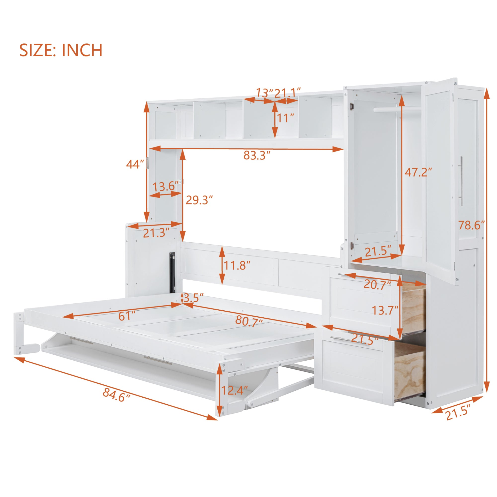 Queen size Murphy wall bed with closet and drawers, modern space-saving bedroom furniture by Start2Finish.
