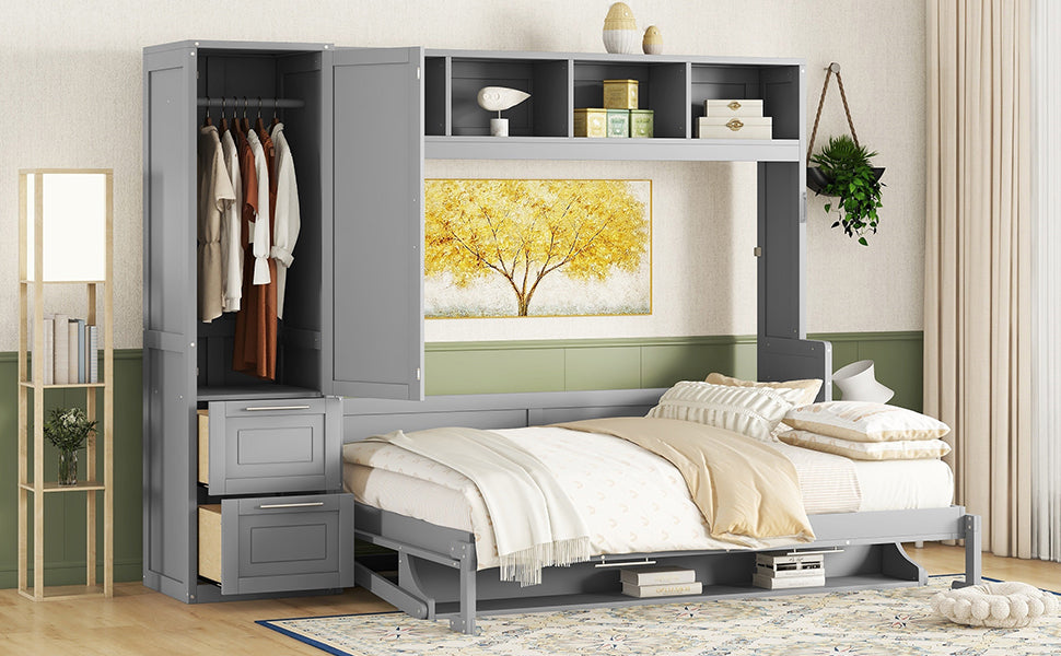 Queen size Murphy bed wall unit by Start2Finish with built-in closet and drawers, modern space-saving design in a contemporary setting.
