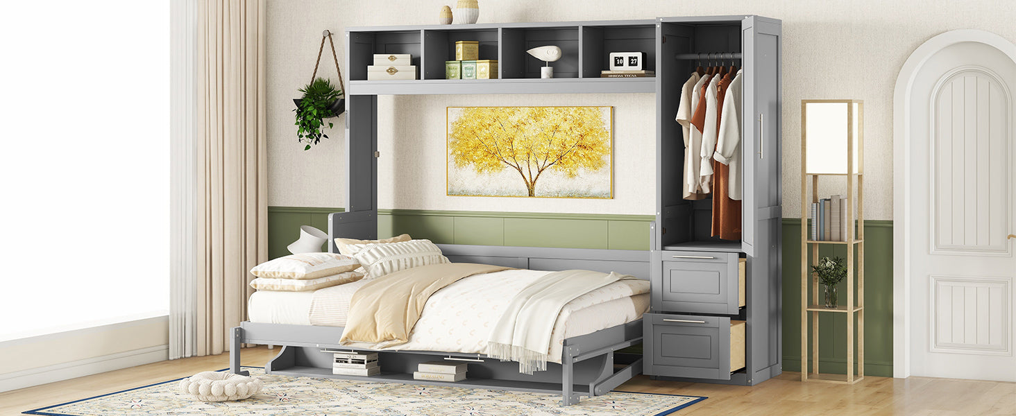 Modern queen size Murphy wall bed with built-in closet and drawers, space-saving unit by Start2Finish in a sleek design.