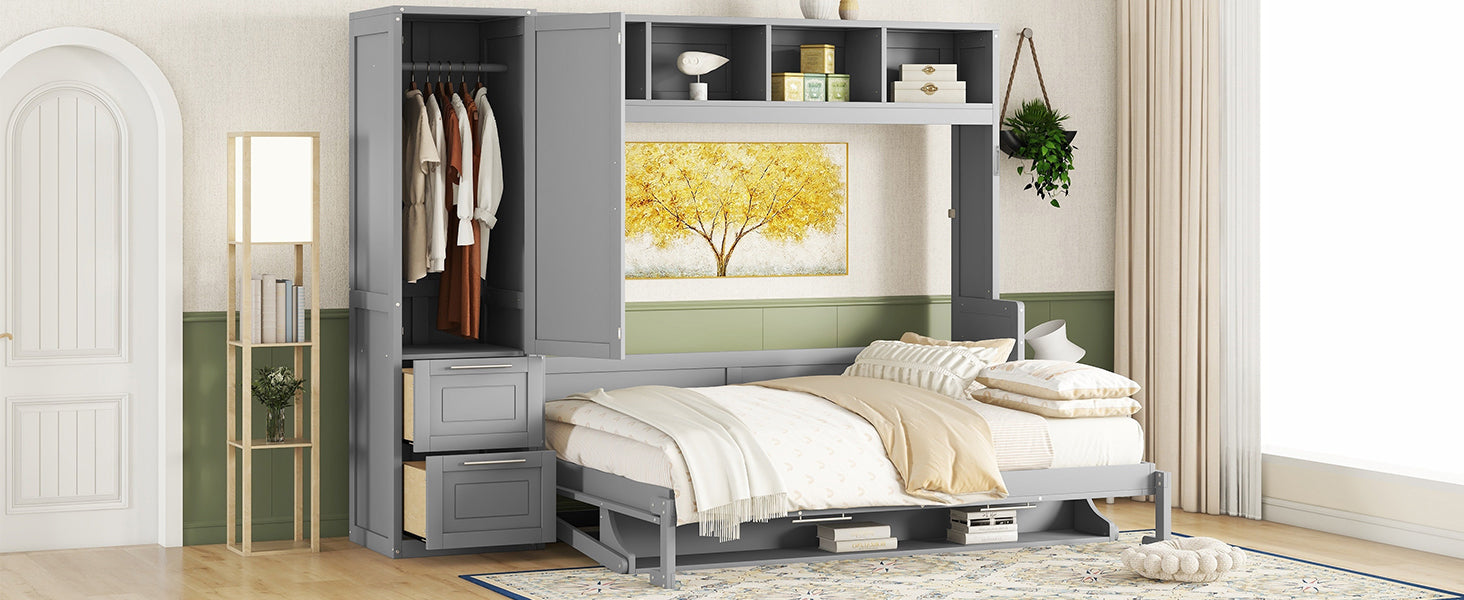 Queen size Murphy bed by Start2Finish with built-in closet and drawers, modern space-saving wall bed in a sleek room setting.