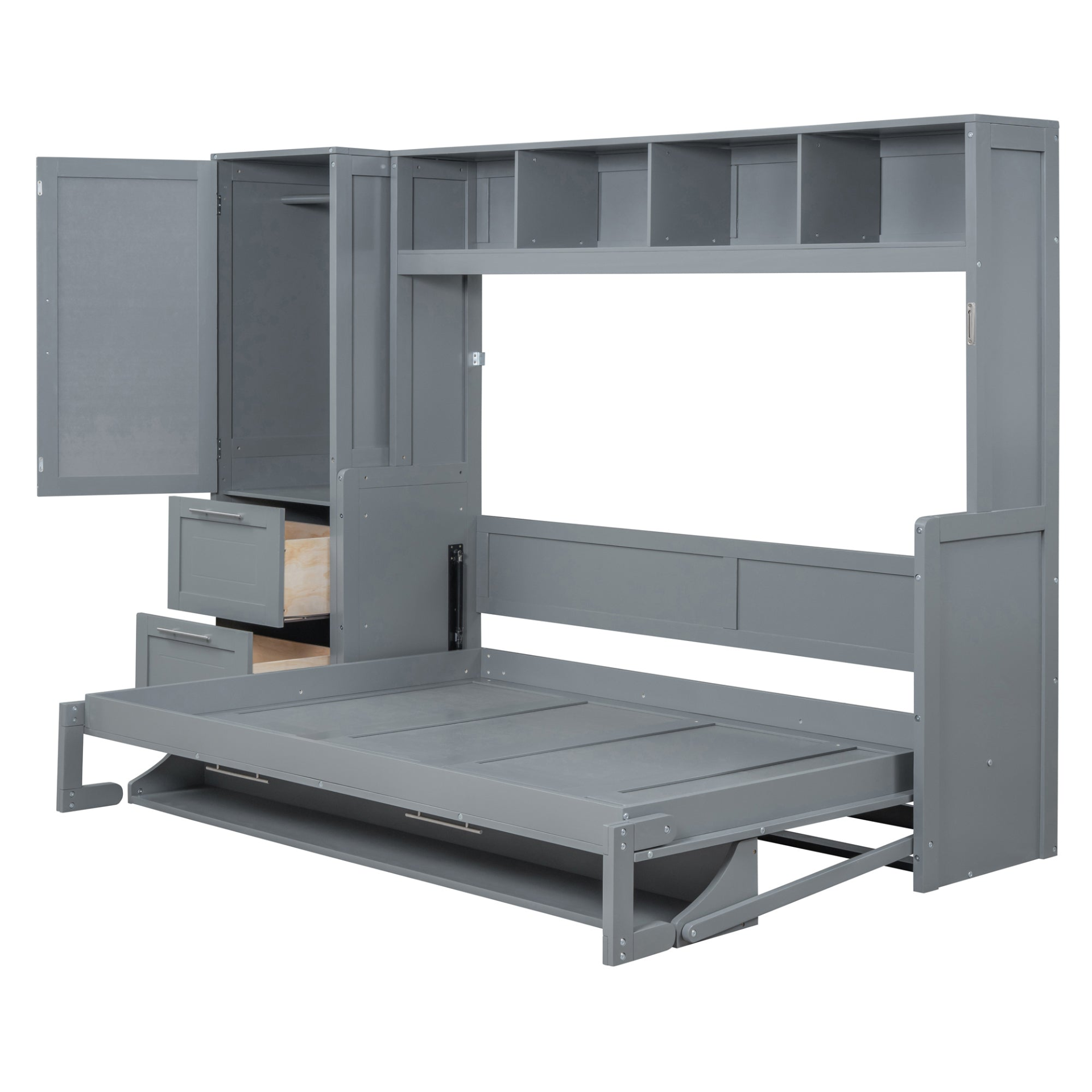 Queen size Murphy wall bed with built-in closet and drawers, modern space-saving design by Start2Finish in a stylish bedroom.