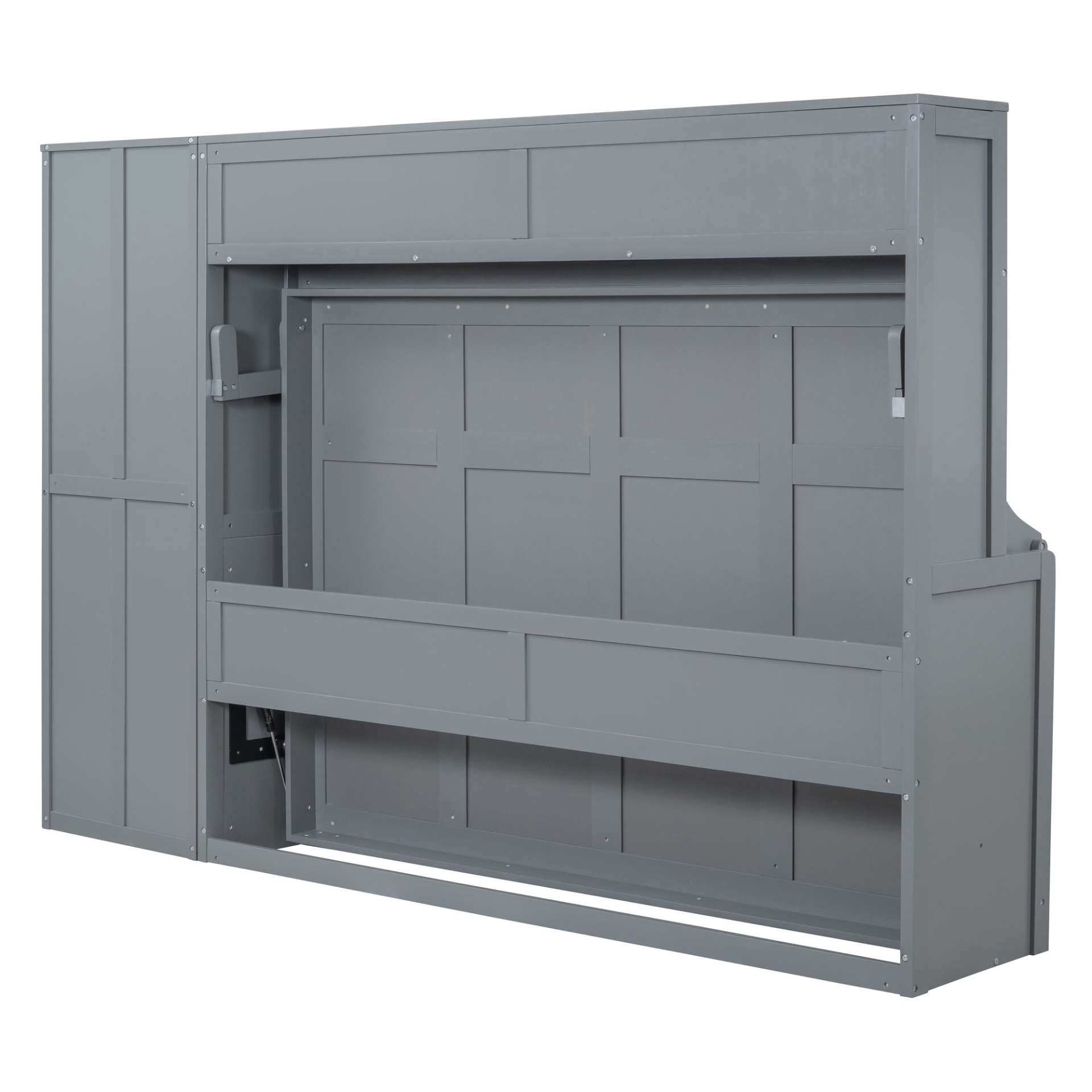 Queen size Murphy bed from Start2Finish with wall-mounted design, closet, and drawers in a modern, space-saving bedroom setup.