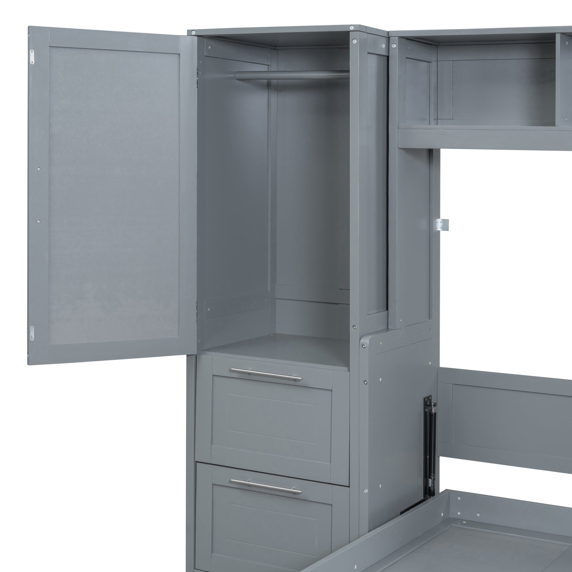 Modern queen size Murphy wall bed with closet and drawers, space-saving wall bed unit by Start2Finish, shown in a stylish room setting