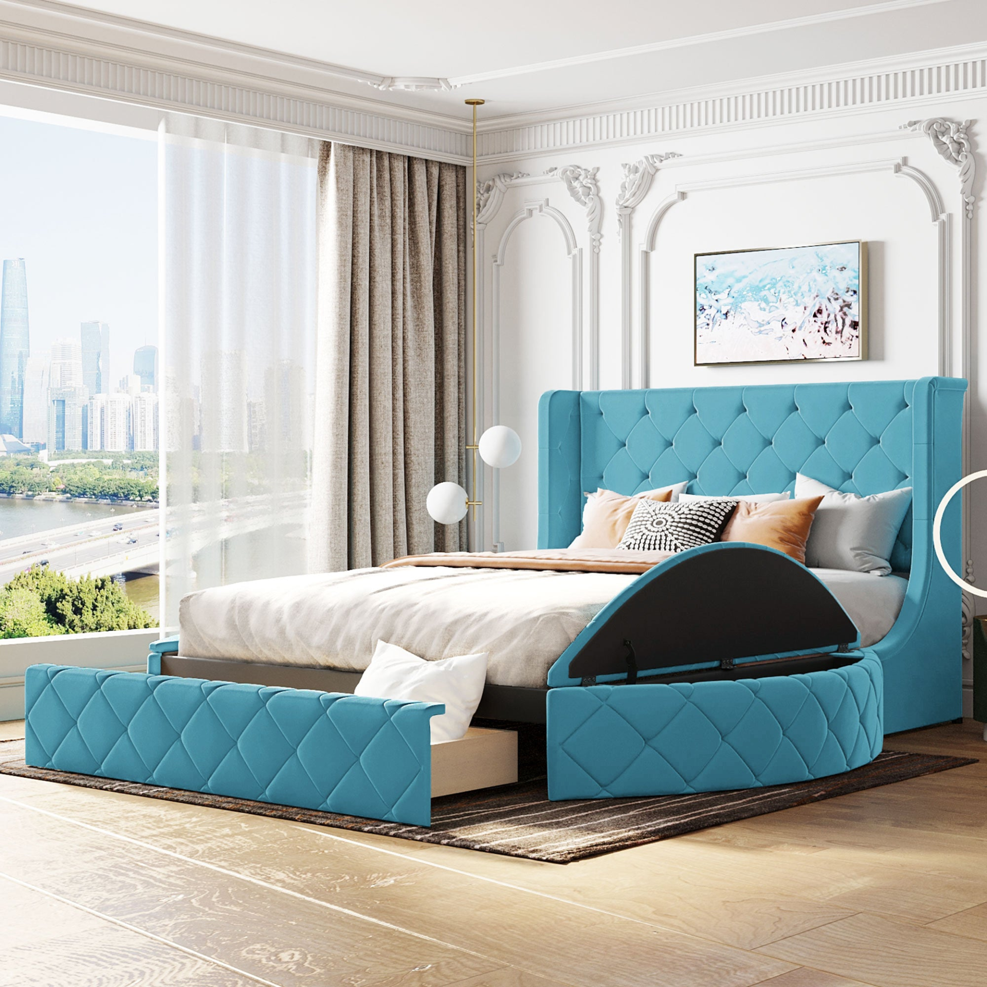 Start2Finish upholstered velvet platform bed with wingback headboard, storage drawer, and side stools in a modern furniture setting.