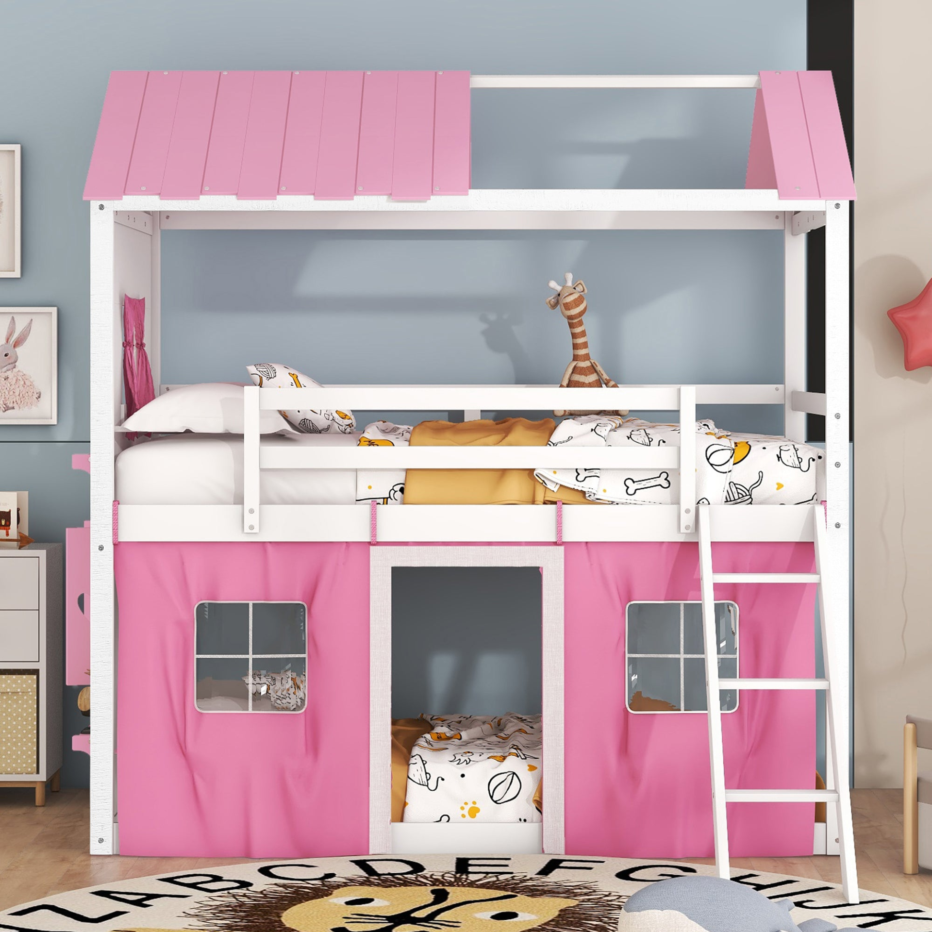 Start2Finish bunk wood house bed with windows, sills, and tent for kids&