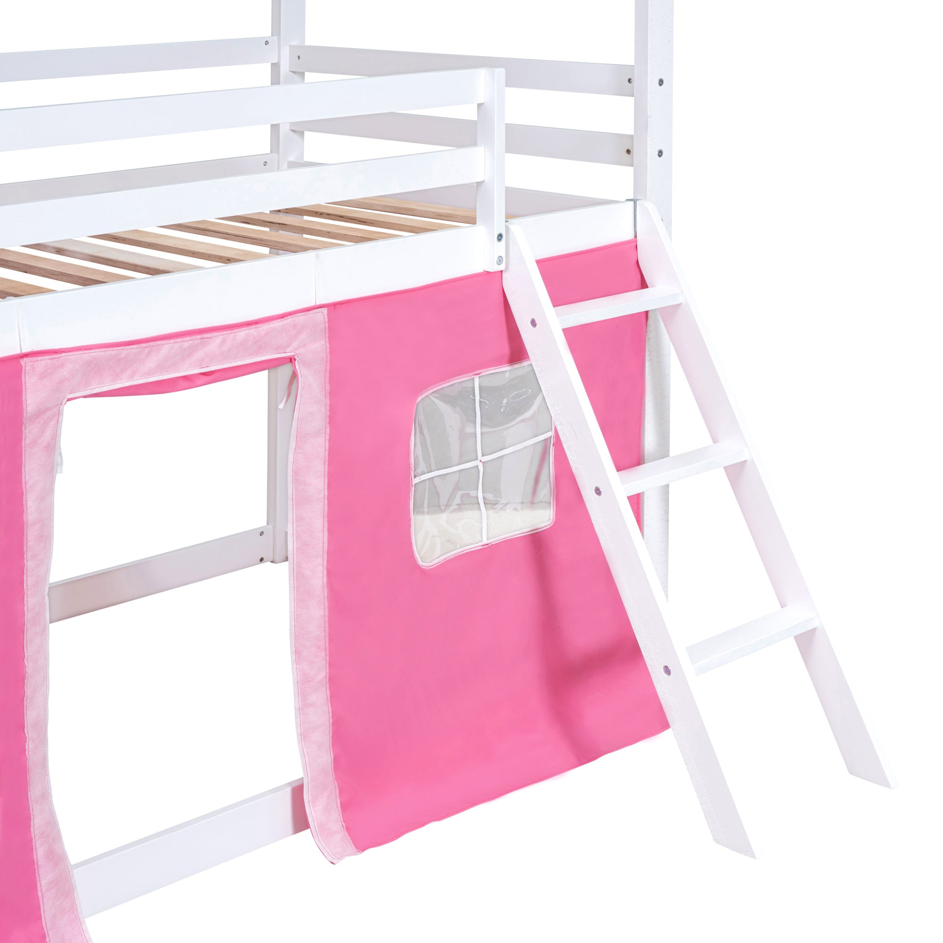 Start2Finish bunk wood house bed with elegant windows, sills, and a play tent for kids&