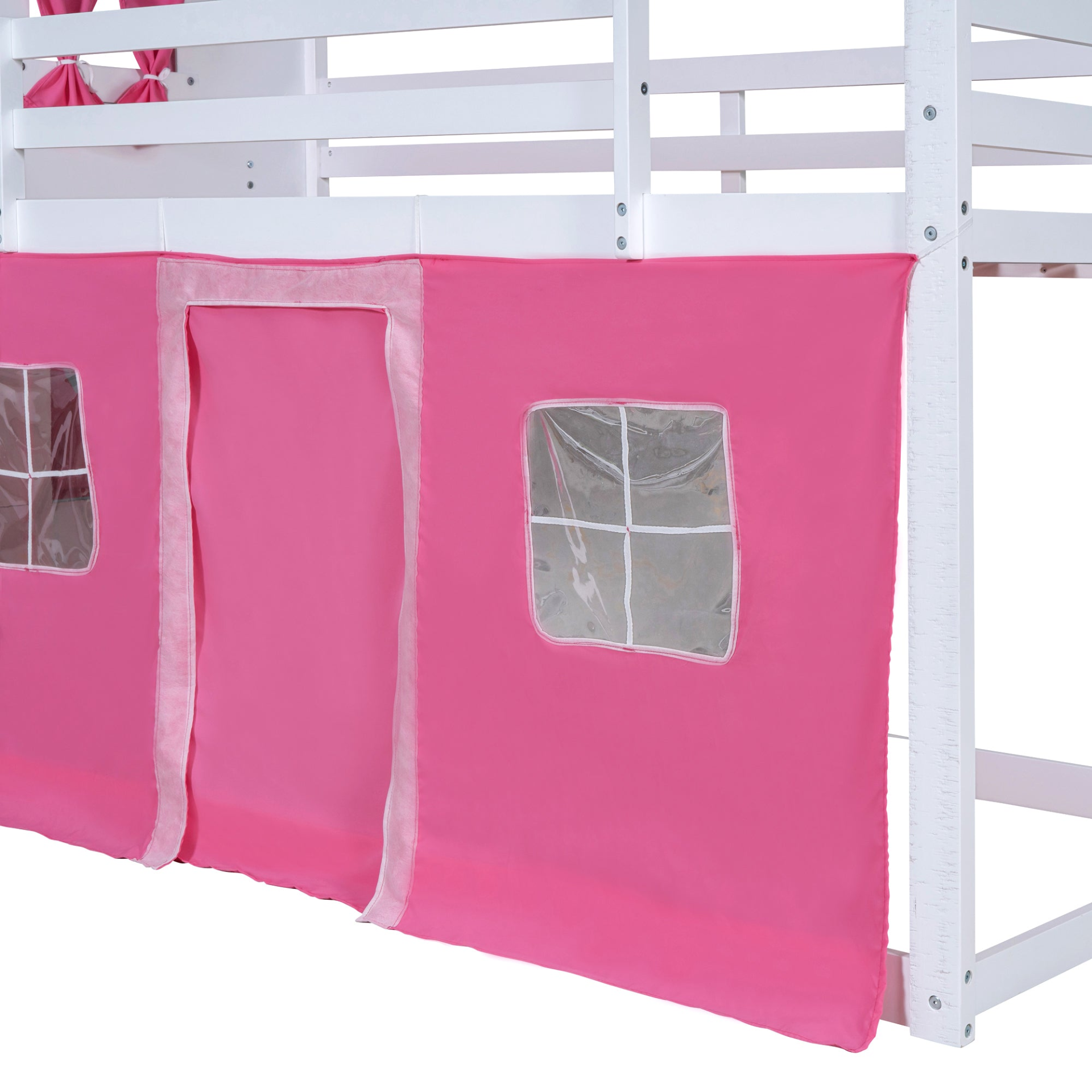 Start2Finish bunk wood house bed with windows, sills, and tent for kids&