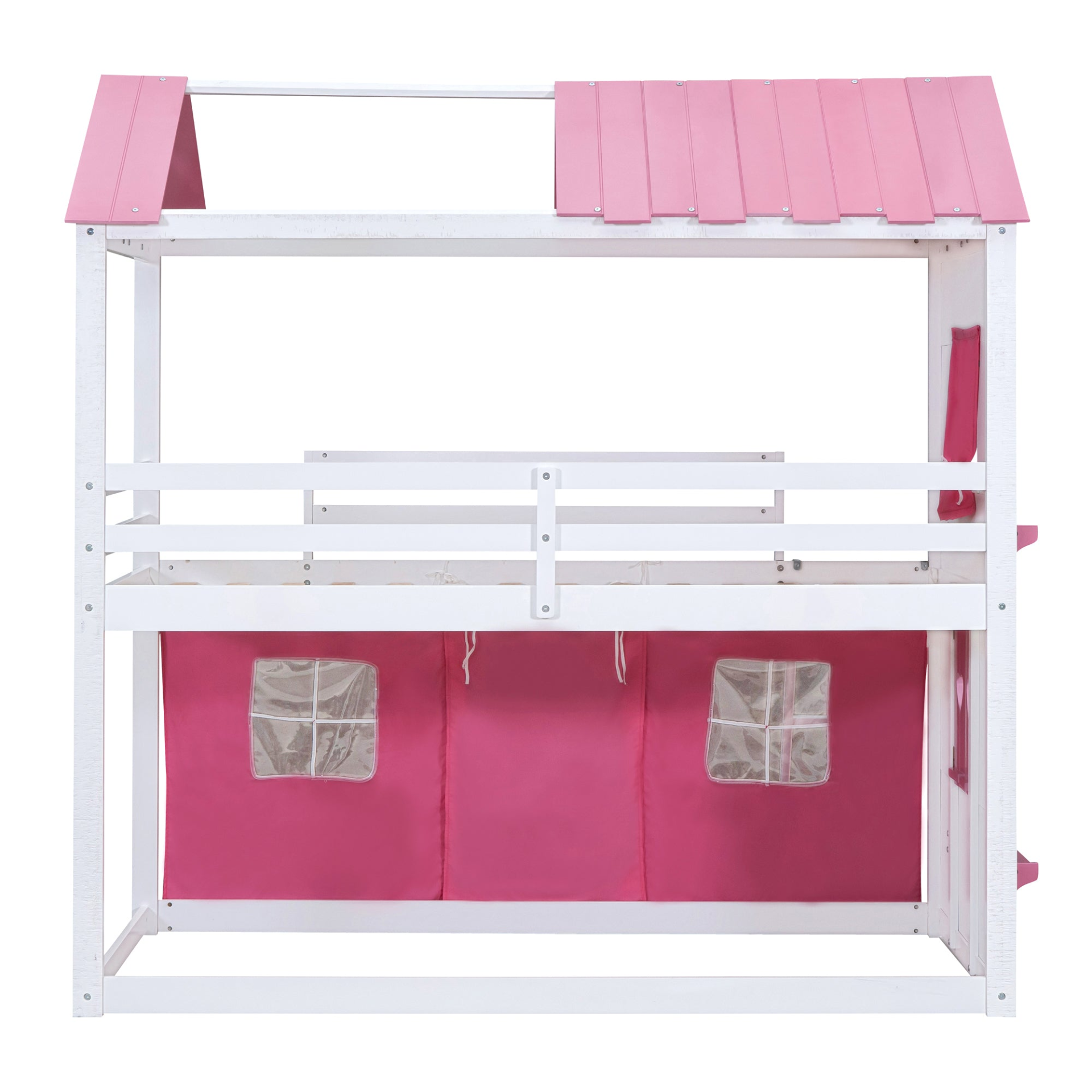 Start2Finish bunk wood house bed with windows, sills, and tent for kids&