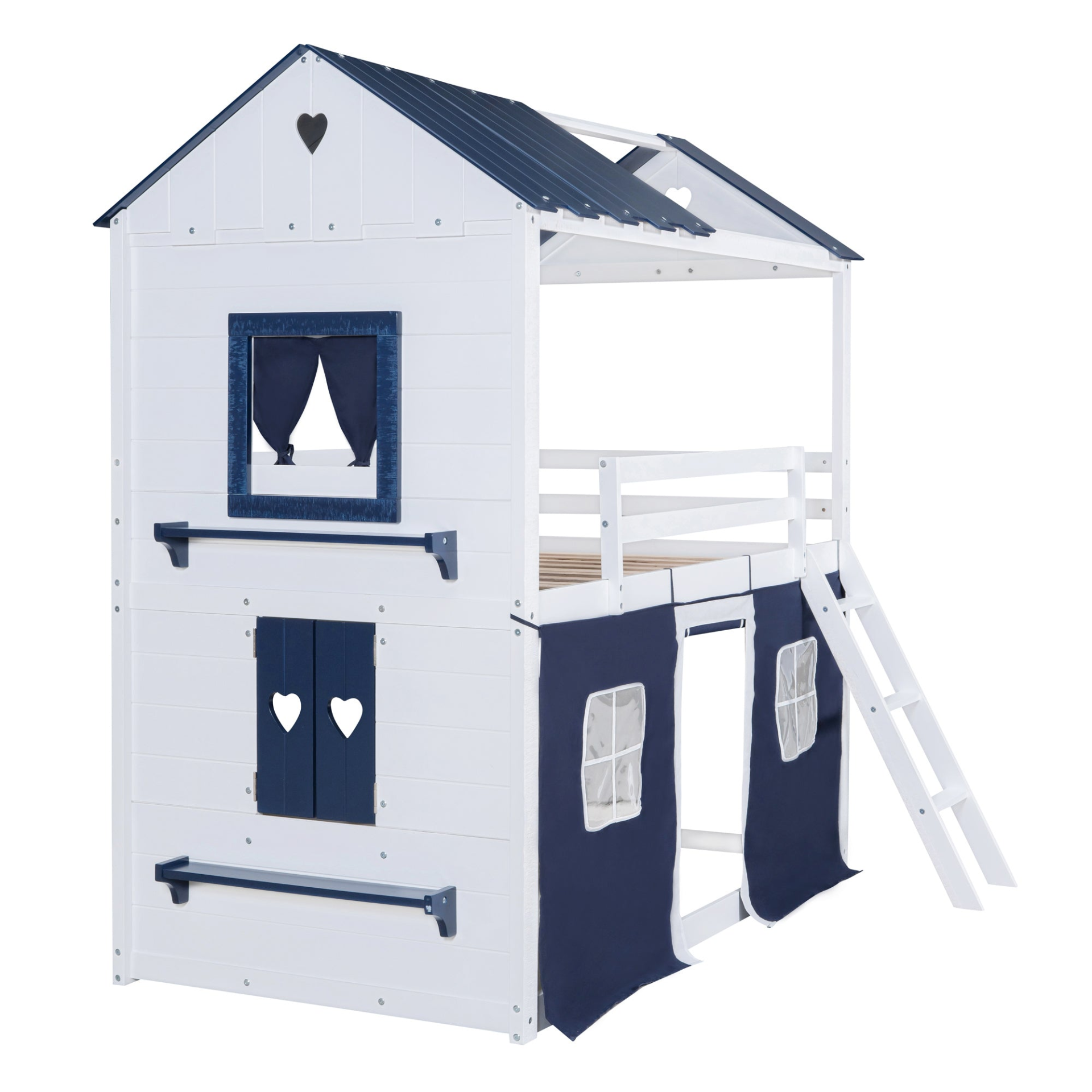 Start2Finish bunk wood house bed for kids with elegant windows, sills, and tent in a playroom setting.