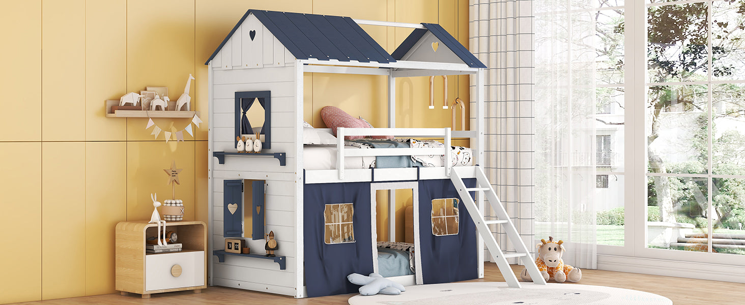 Start2Finish bunk wood house bed with elegant windows, sills, and tent for kids&