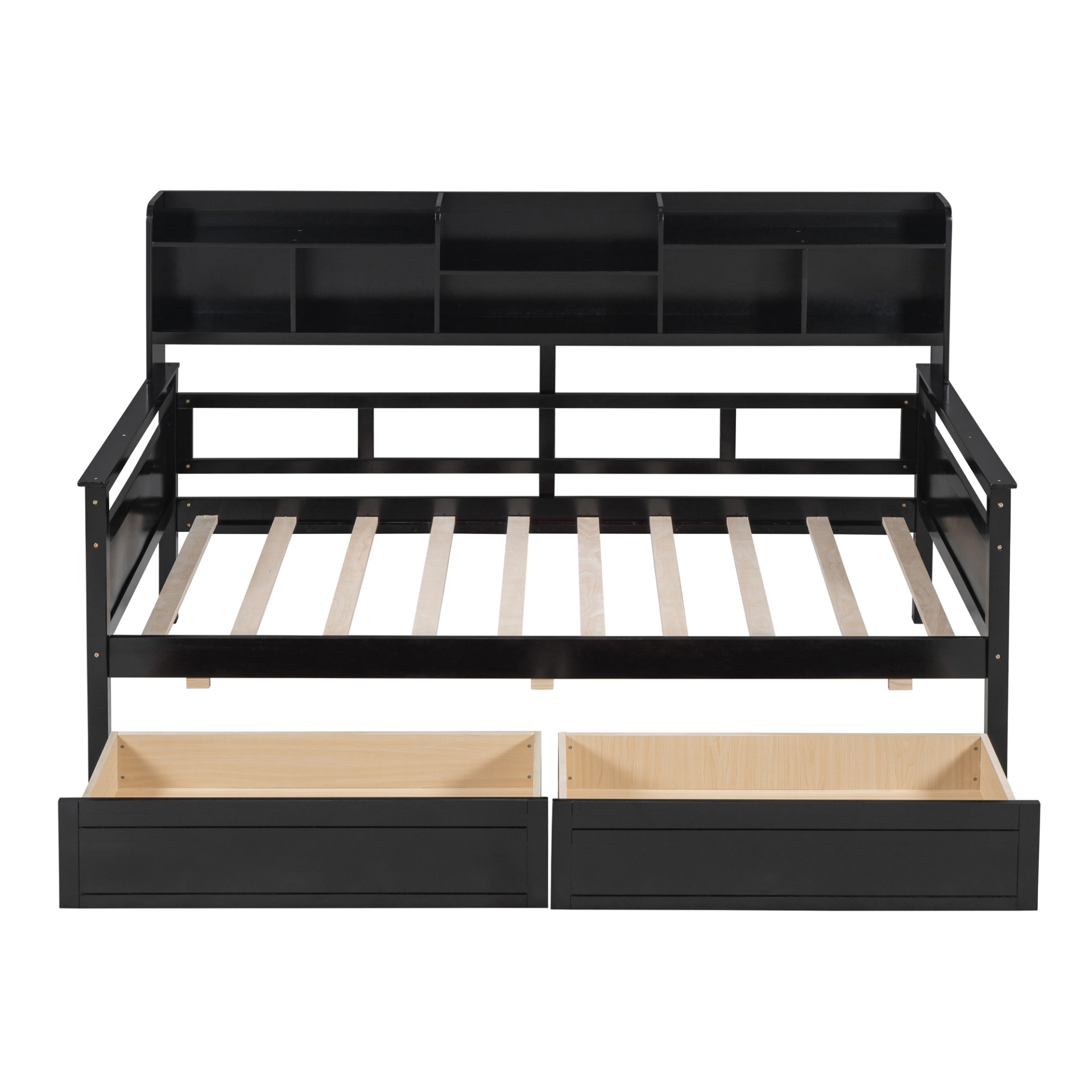 Twin size Start2Finish wood slat daybed with bedside shelves and two drawers, showcasing its sturdy frame and storage features.