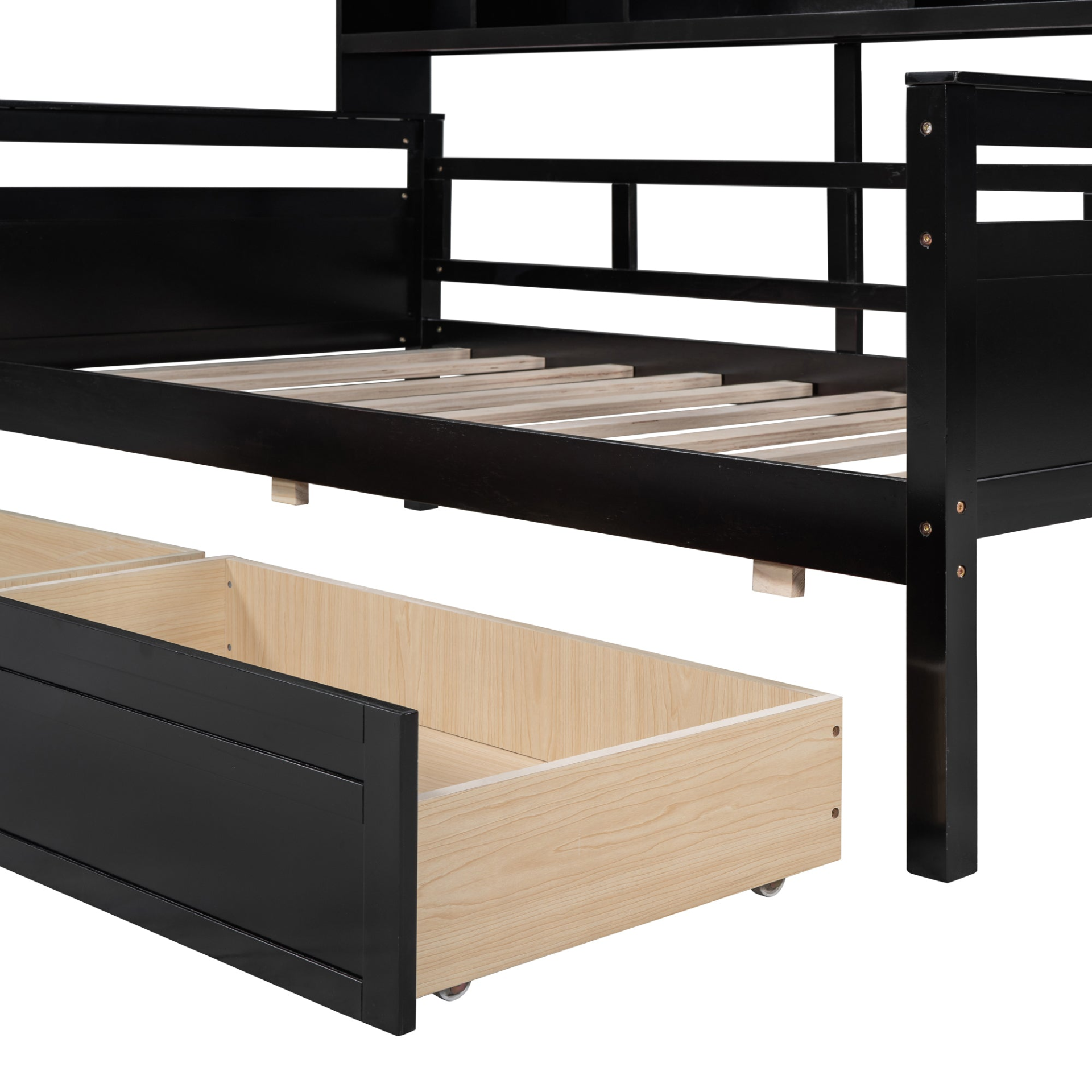Twin size Start2Finish wood slat support daybed with bedside shelves and two drawers, showcasing the furniture&
