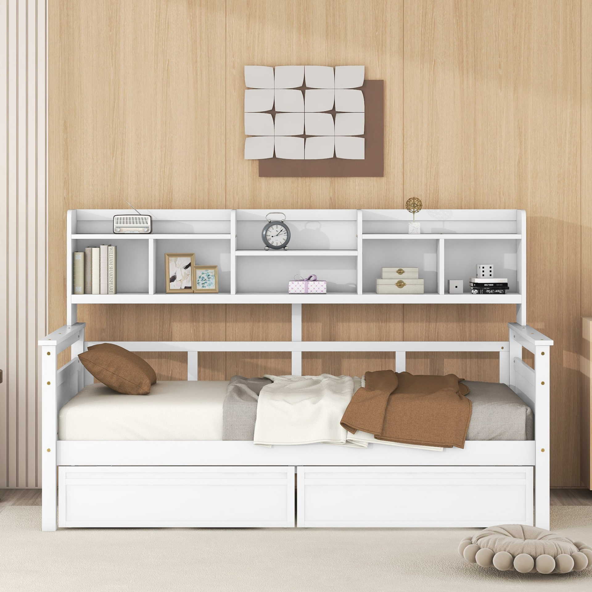 Twin size Start2Finish wood daybed with slat support, bedside shelves, and two drawers, showcasing a sleek, functional furniture piece.