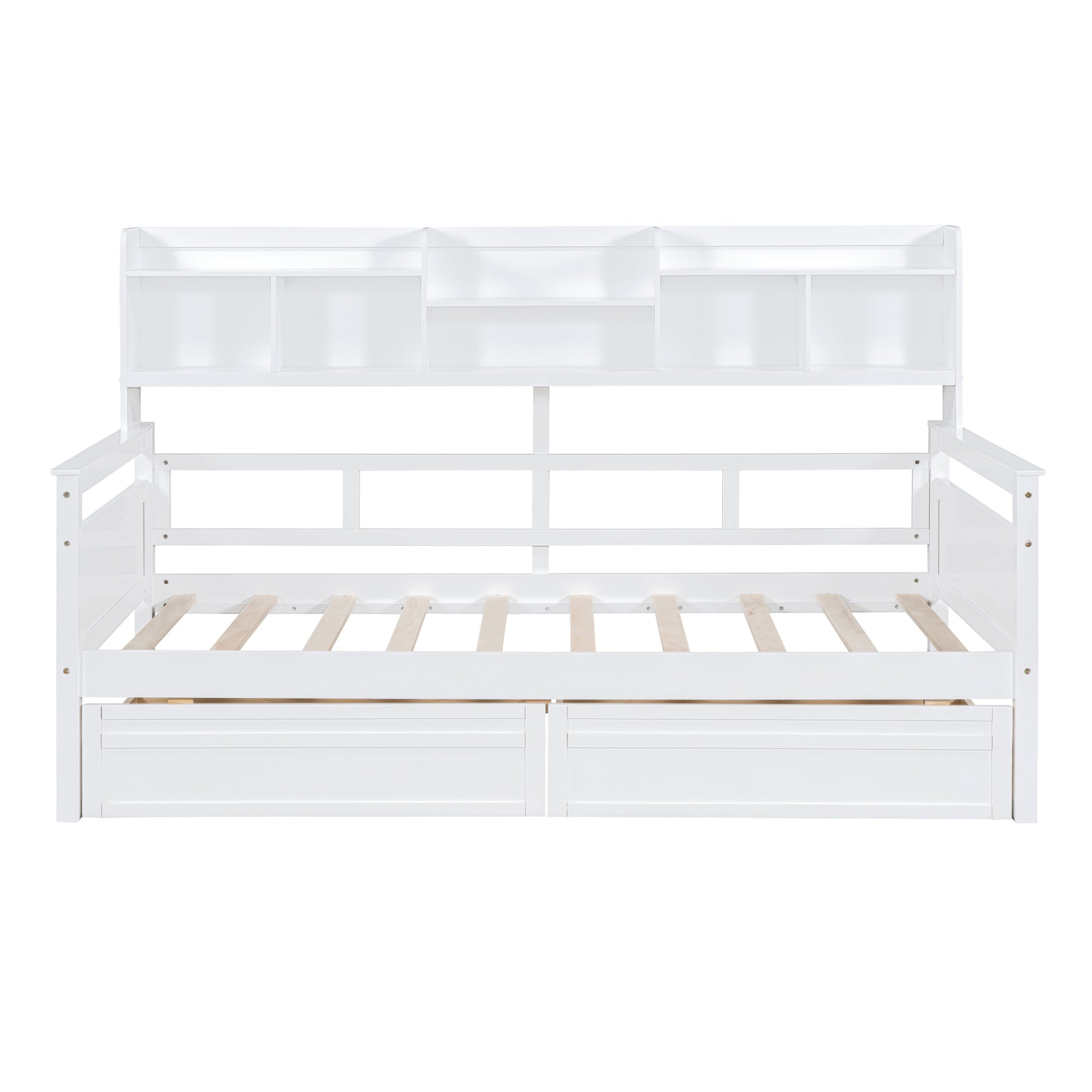 Start2Finish twin size wooden daybed with slat support, bedside shelves, and two drawers, showcasing a modern bedroom furniture piece.