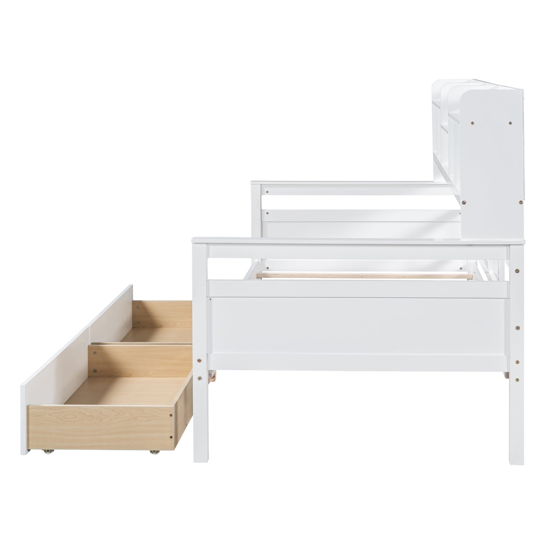 Twin size Start2Finish daybed with wood slat support, bedside shelves, and two drawers, showcasing a modern furniture piece.