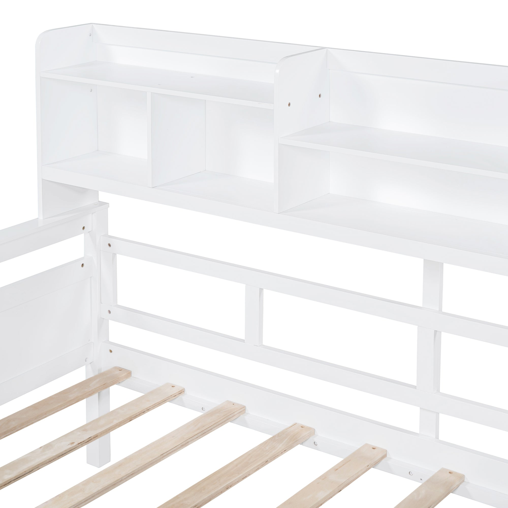 Twin size Start2Finish daybed with wood slat support, bedside shelves, and two drawers in a modern furniture design.