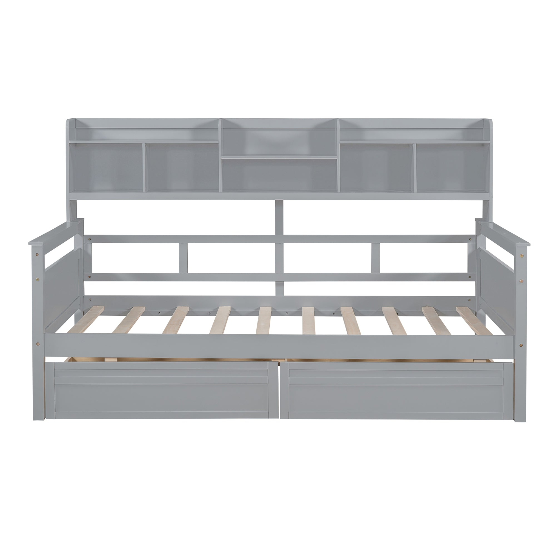 Twin size Start2Finish daybed with wood slat support, bedside shelves, and two drawers, showing its modern wooden frame and storage features.