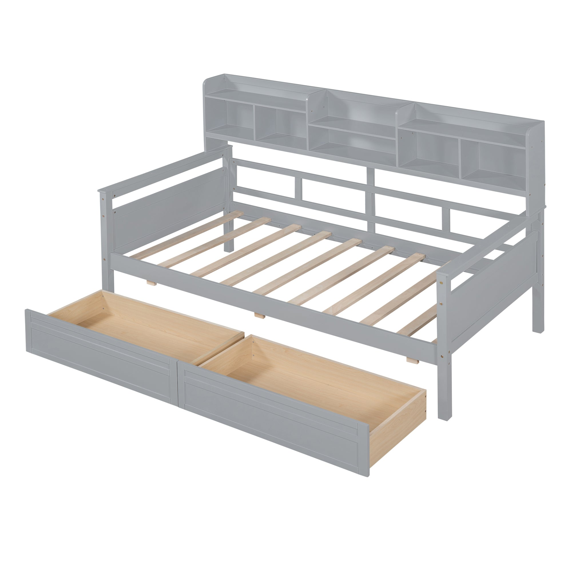 Twin size Start2Finish daybed with wood slat support, bedside shelves, and two drawers, featuring a modern wooden furniture design.