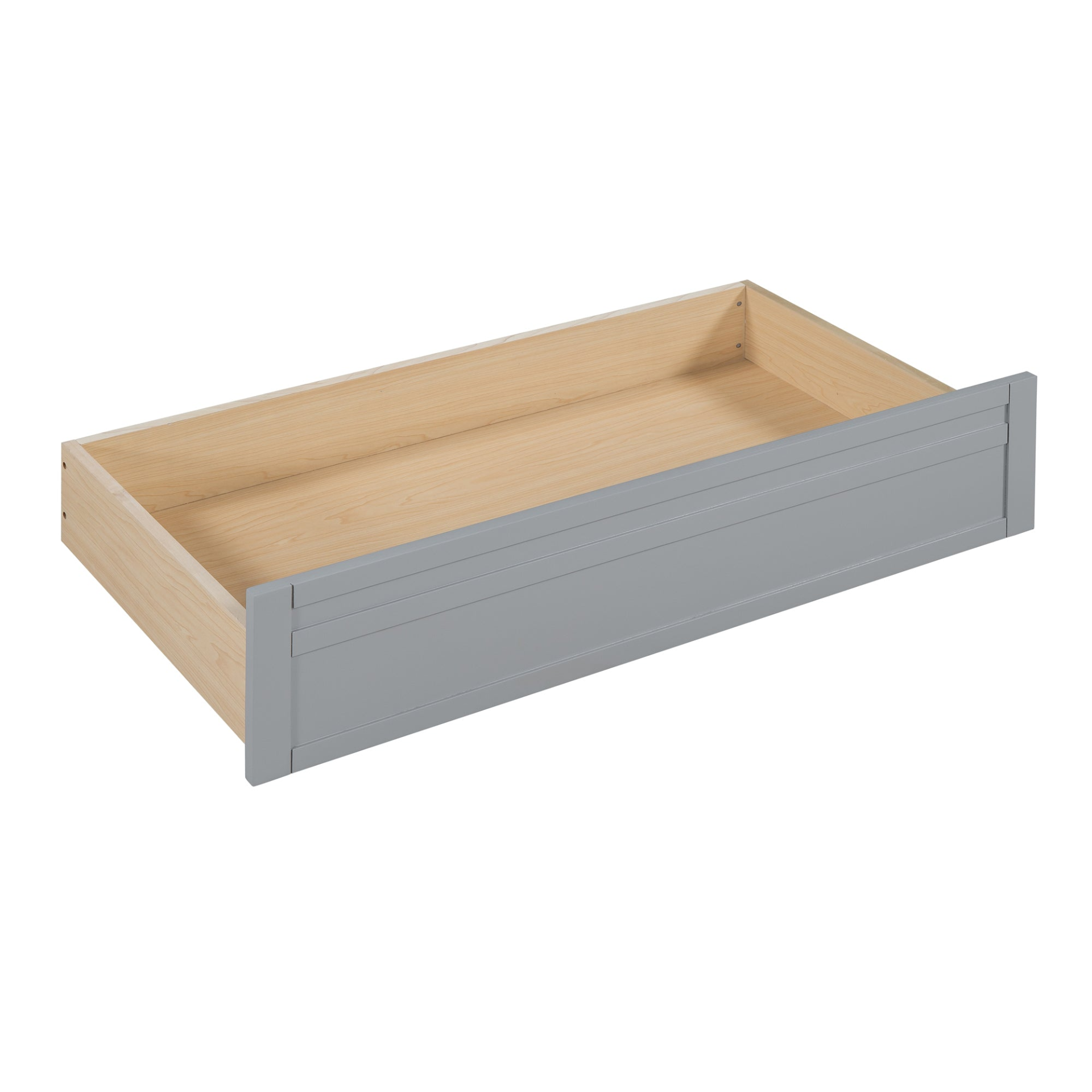 Twin size Start2Finish daybed with wood slat support, bedside shelves, and two drawers, showcasing a modern furniture design.