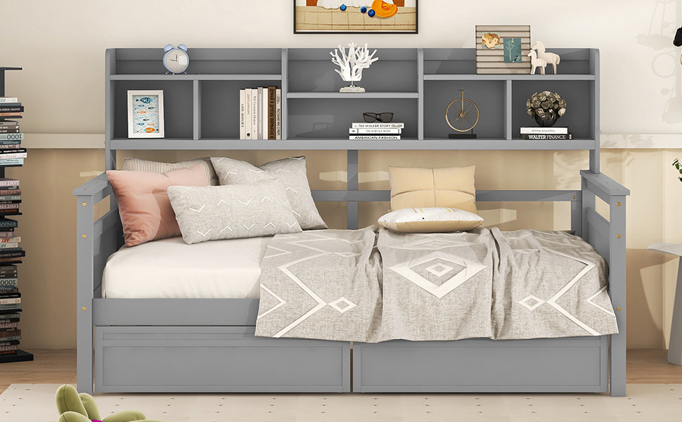 Twin size Start2Finish wood daybed with slat support, bedside shelves, and two drawers, showcasing a modern furniture design.