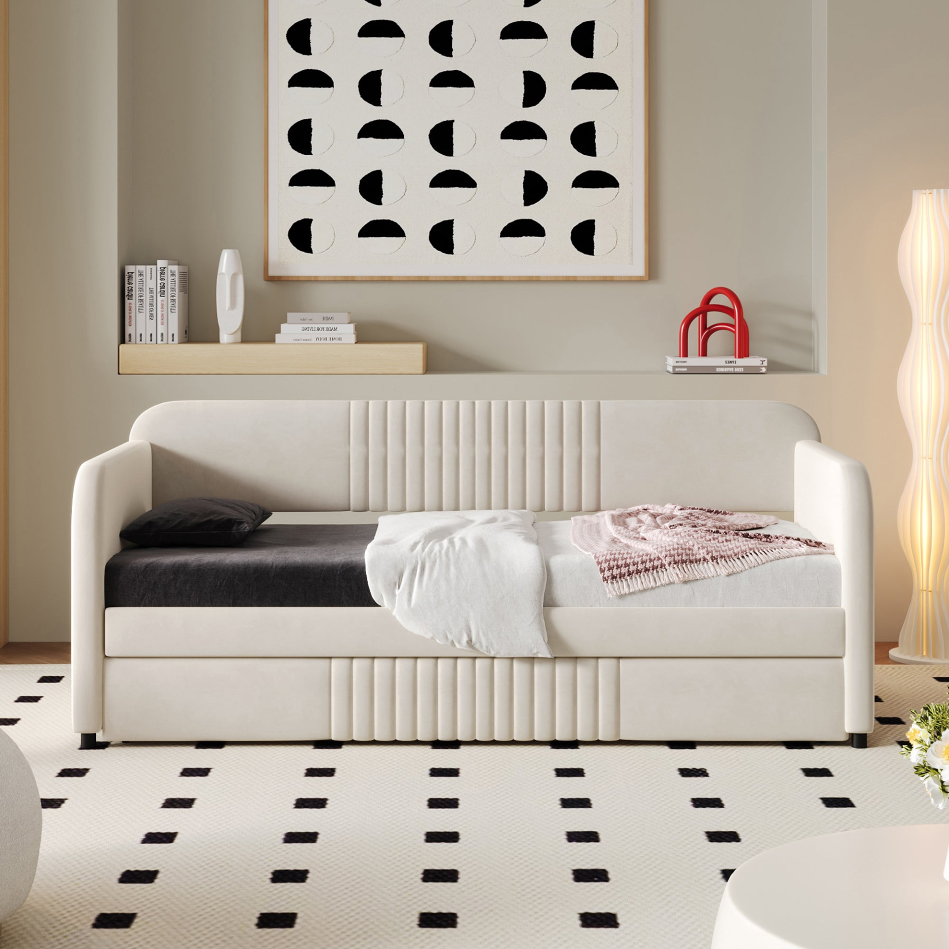 Start2Finish upholstered twin size daybed sofa bed with trundle and wood slat base, showcased in a modern living space.