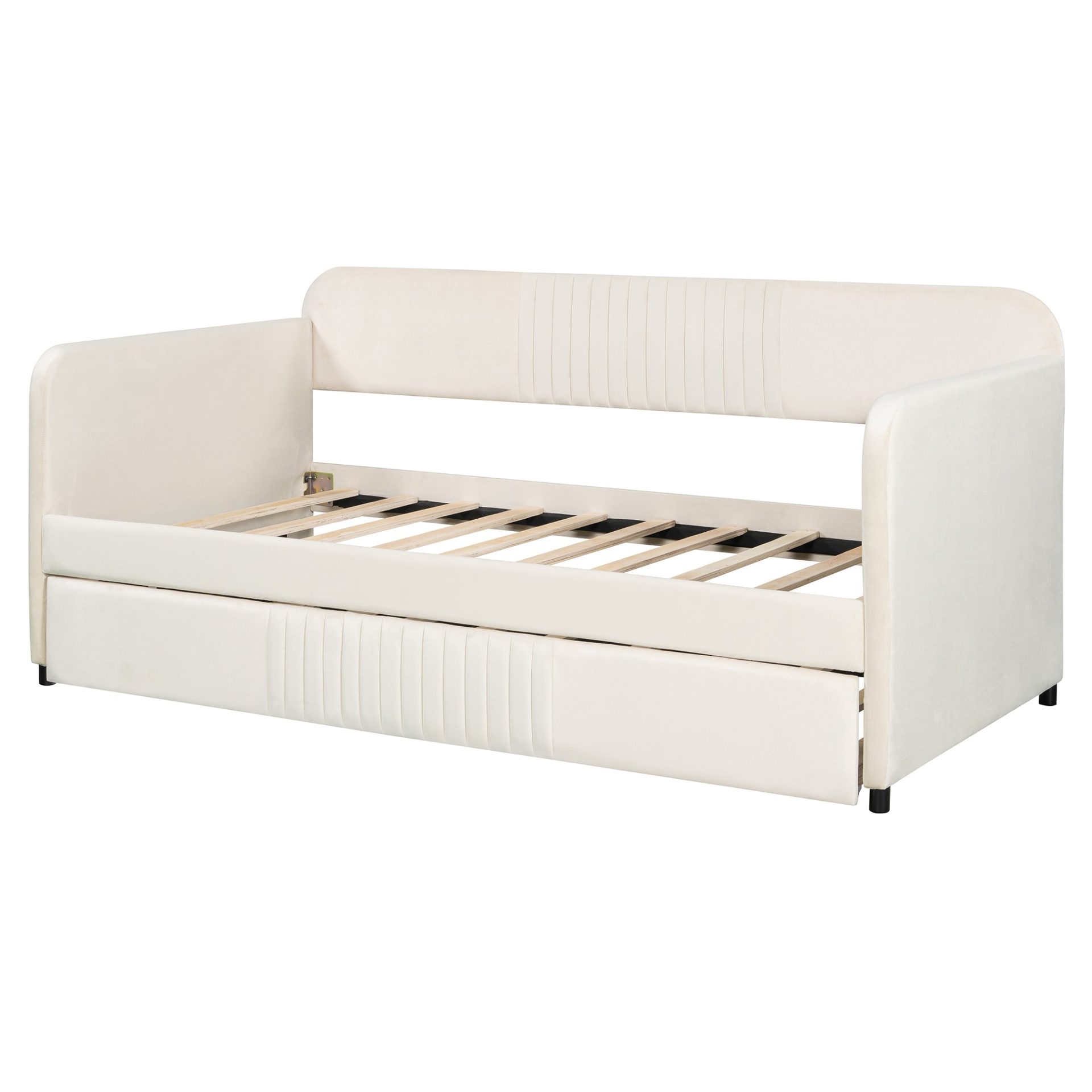 Start2Finish twin size upholstered daybed sofa bed with trundle and wood slat base, shown in a cozy living room setting.