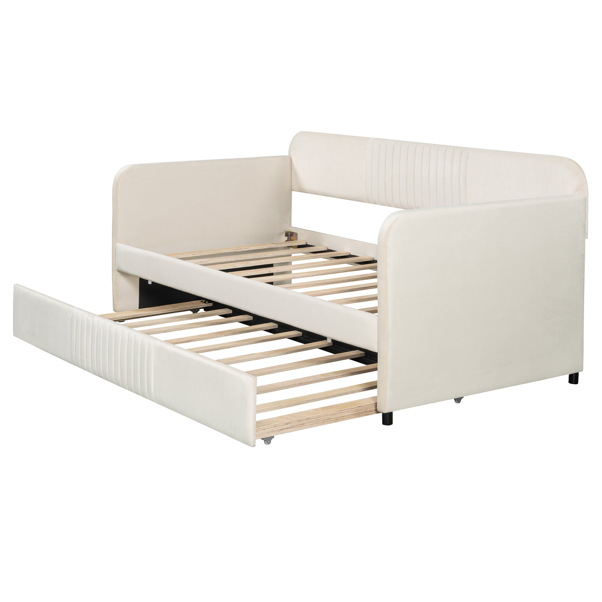 Start2Finish twin size upholstered daybed sofa bed with trundle and wood slat base, showcasing its plush fabric and wooden frame.
