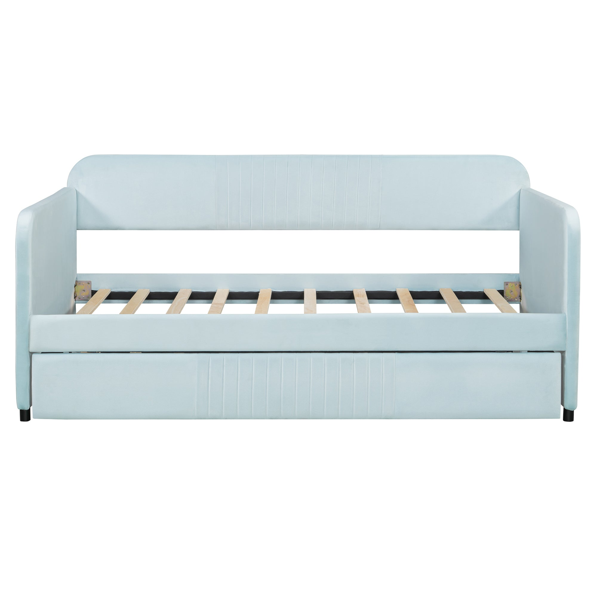 Start2Finish twin size upholstered daybed sofa bed with trundle and wood slat base, ideal for versatile furniture in a modern bedroom