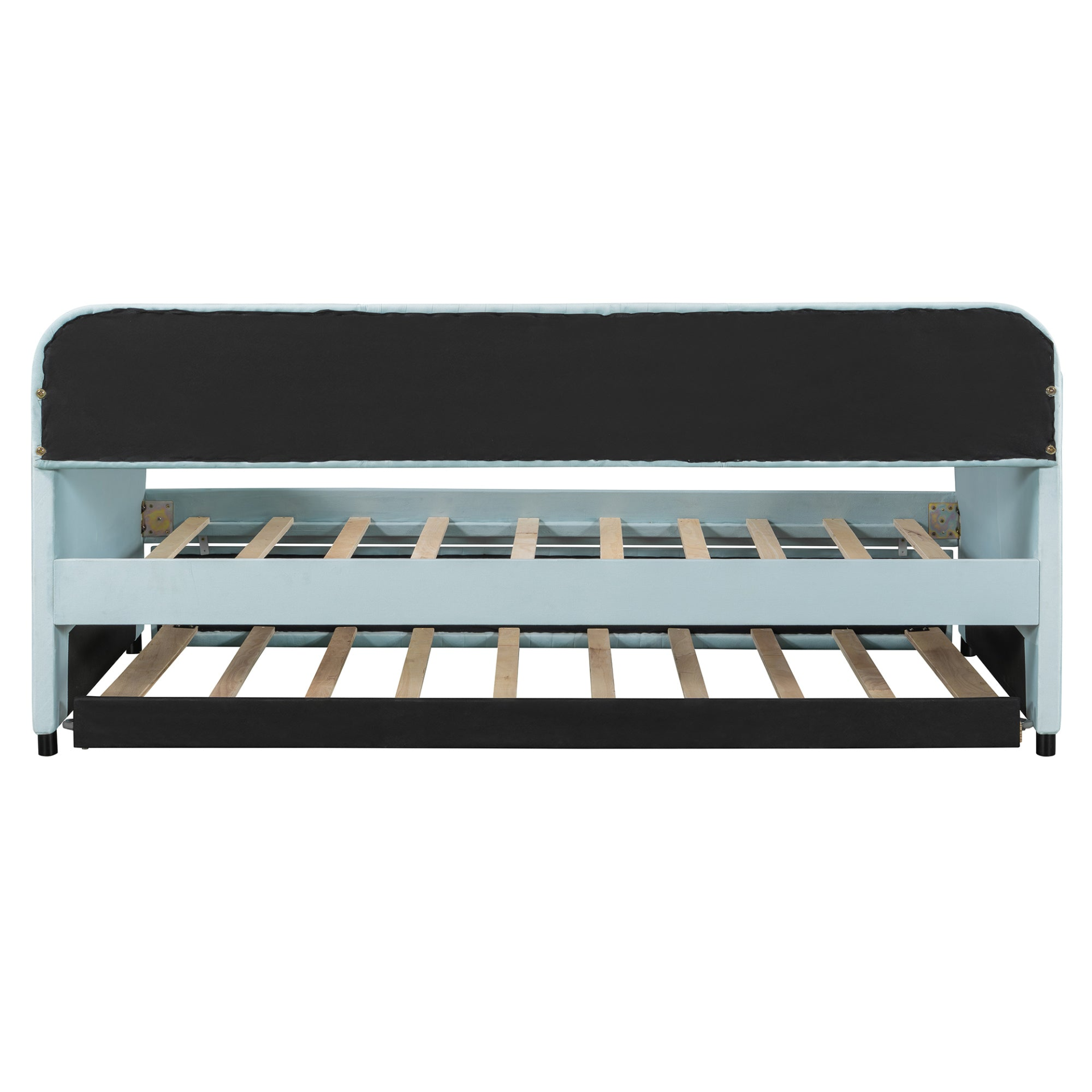 Start2Finish twin size upholstered daybed sofa bed with trundle and wood slat base, showcasing a modern furniture piece.