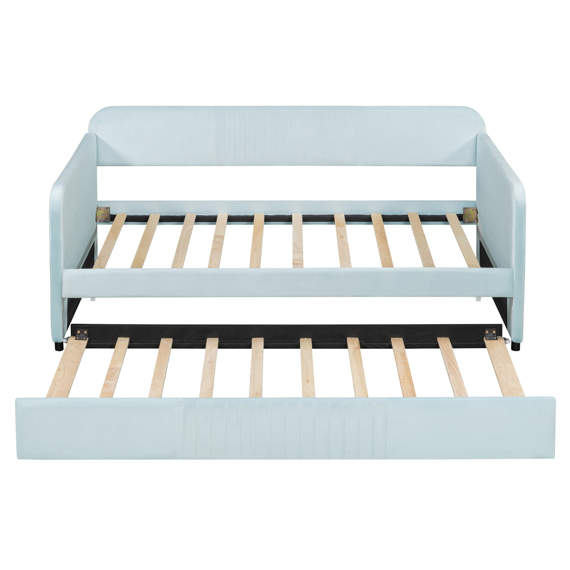 Start2Finish twin size upholstered daybed sofa bed with trundle and wood slat base, showcasing plush fabric and sturdy frame.