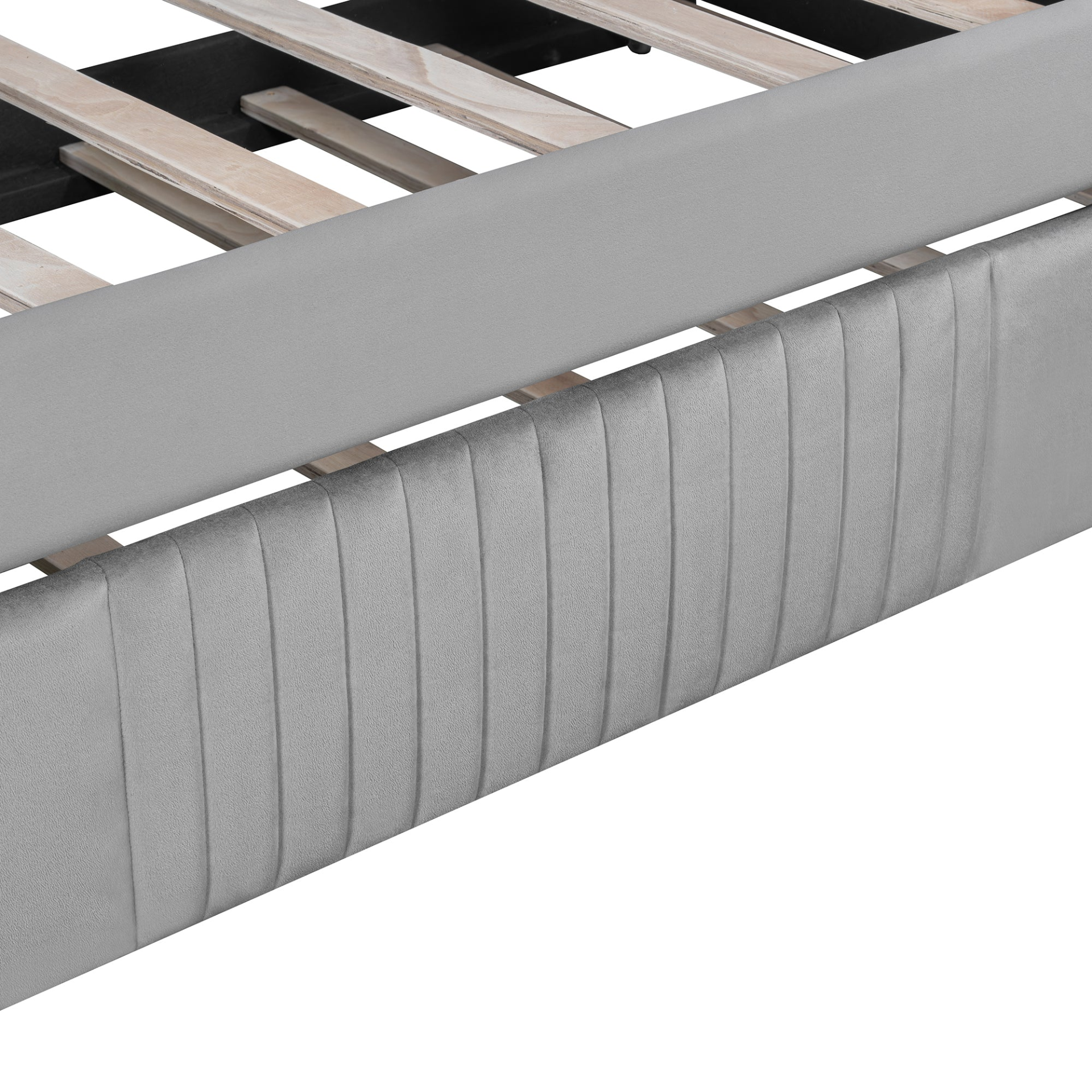 Start2Finish upholstered twin size daybed sofa bed with trundle and wood slat base, featuring plush fabric and wooden frame.