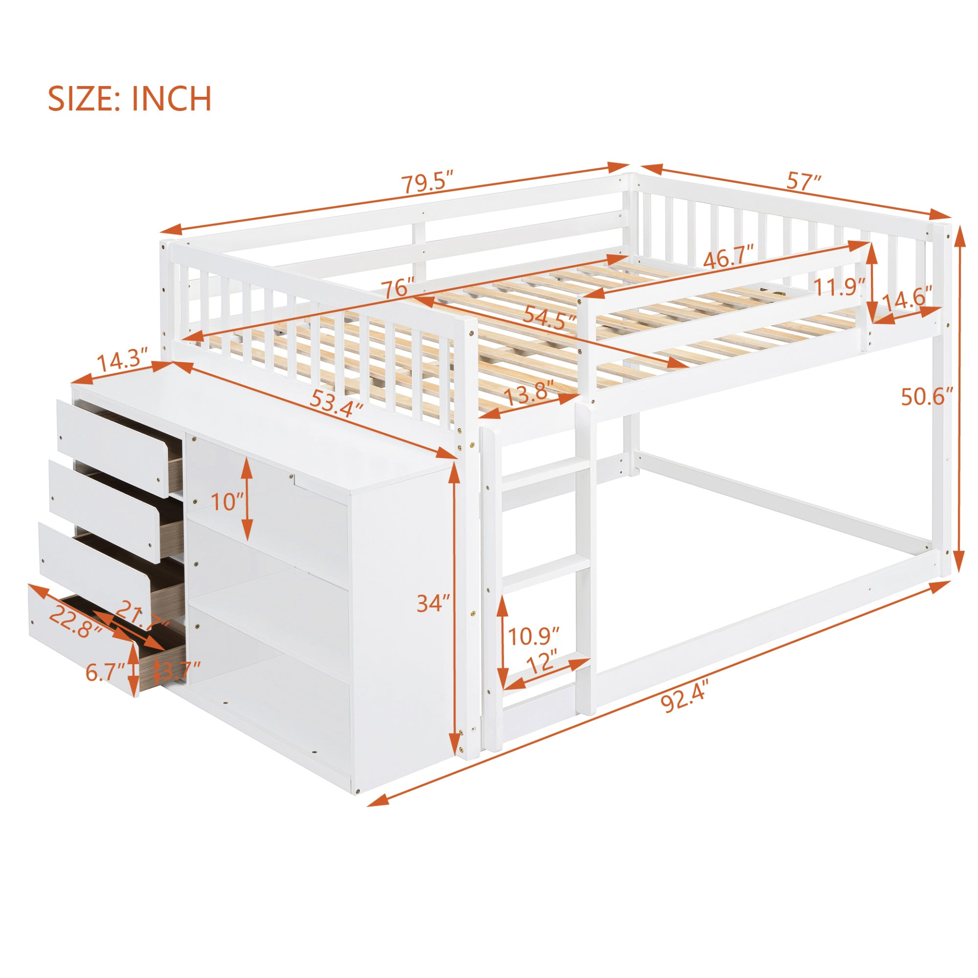 Elegant solid wood bunk bed with built-in shelves and storage drawers, showcasing a sturdy finish and modern design in natural wood tones.