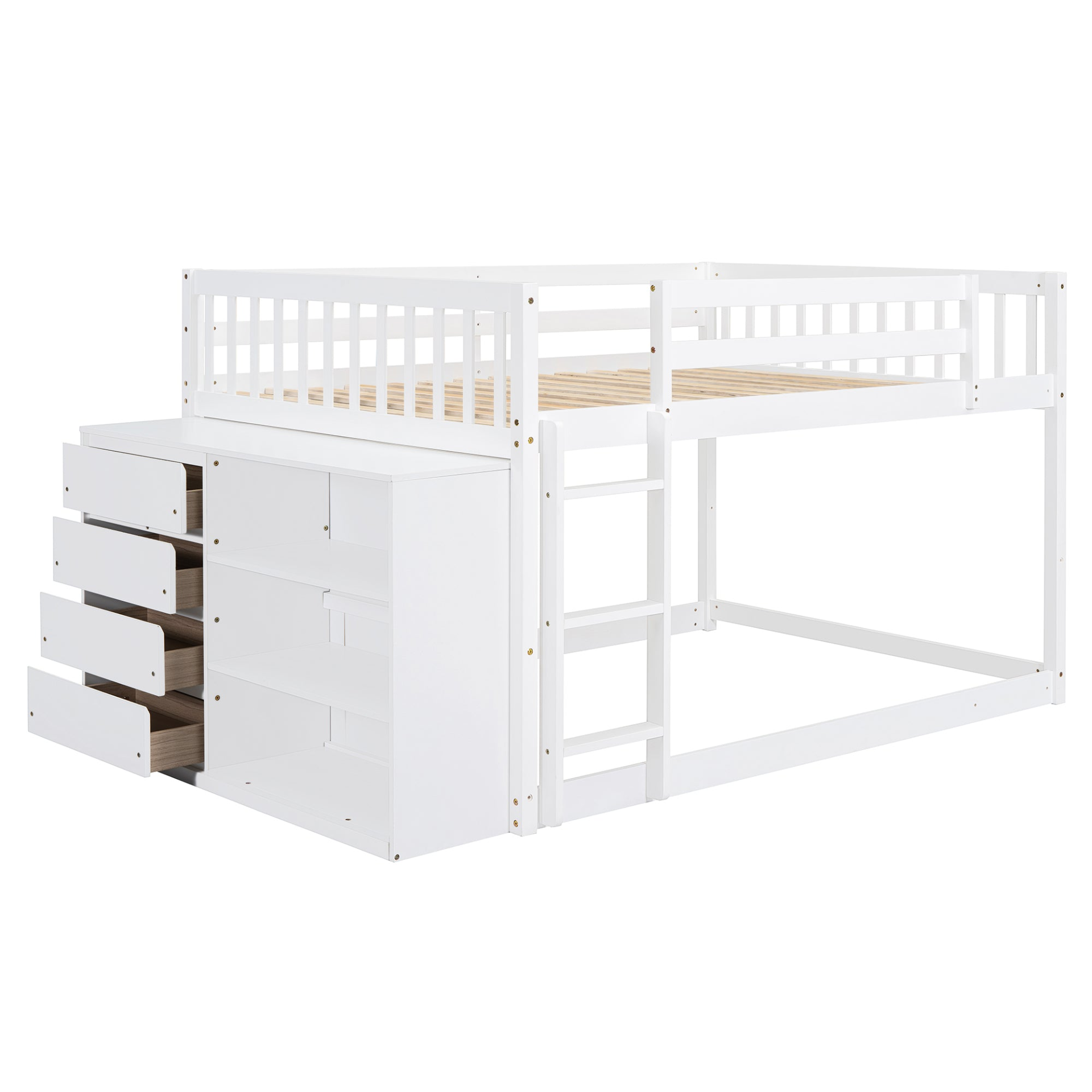Elegant solid wood bunk bed with built-in shelves and storage drawers, crafted by Start2Finish for durable, functional furniture.