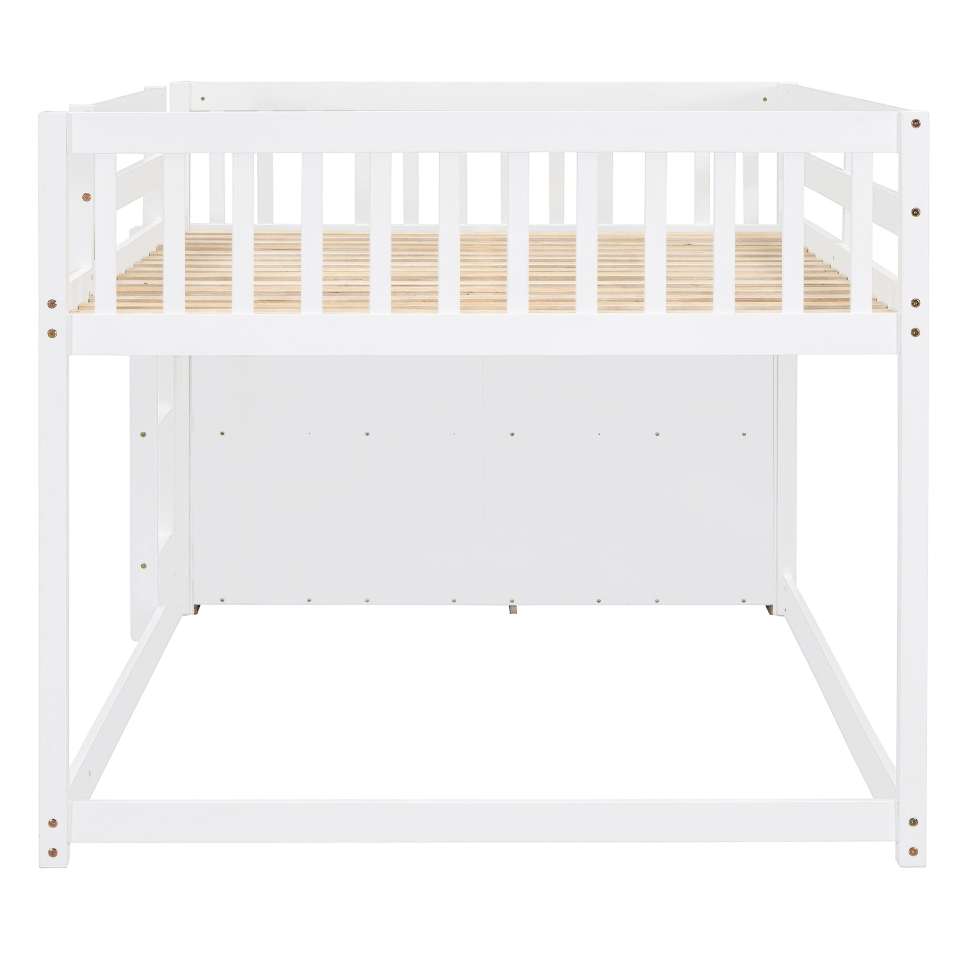 Elegant solid wood bunk bed with built-in shelves and storage drawers, featuring a sturdy finish and classic furniture design.