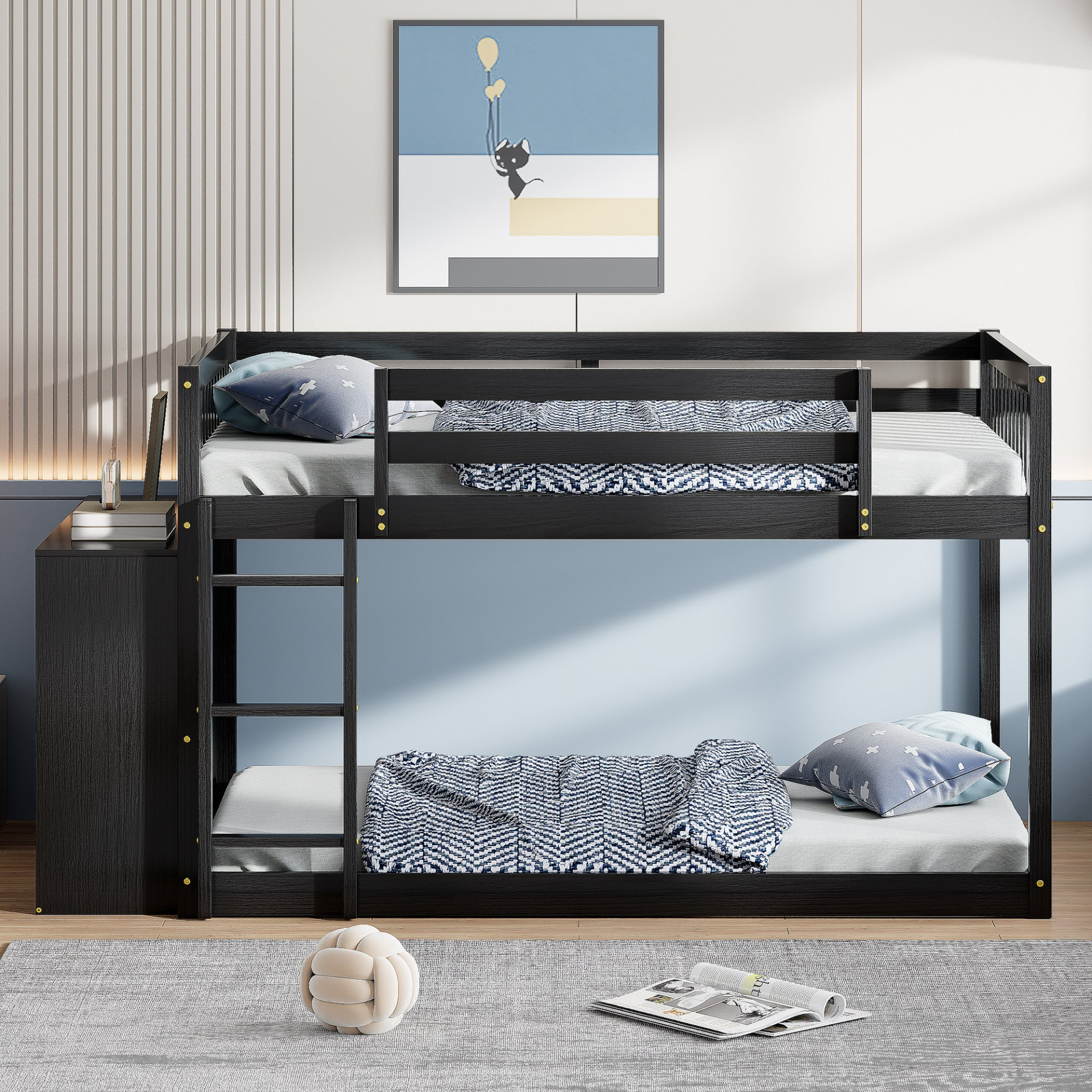 Start2Finish solid wood bunk bed with built-in shelves and storage drawers, showcasing elegant, durable furniture design.