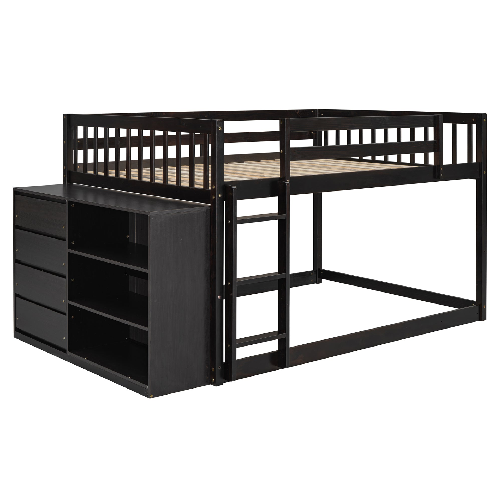 Elegant solid wood bunk bed by Start2Finish with built-in shelves and storage drawers, showcasing a sturdy design and modern finish.