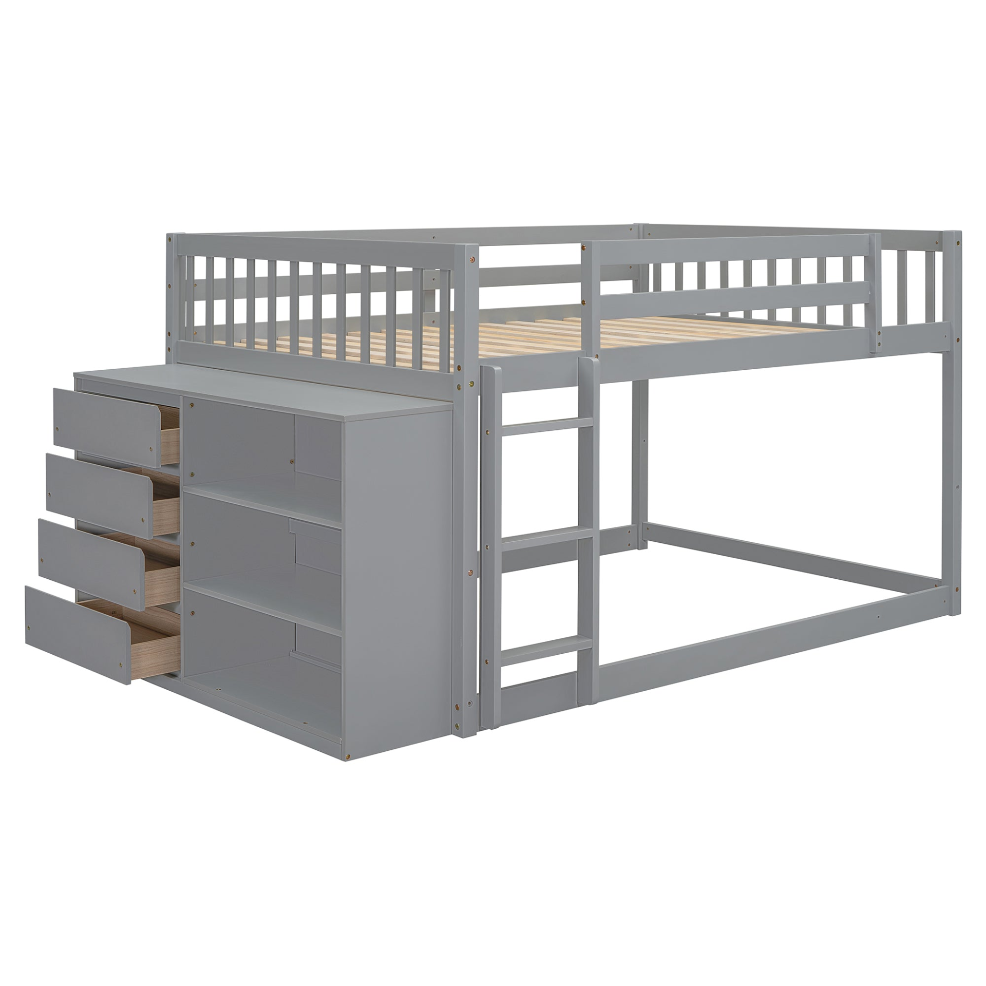 Elegant solid wood bunk bed by Start2Finish with built-in shelves and storage drawers, showcasing its sturdy frame and functional design.