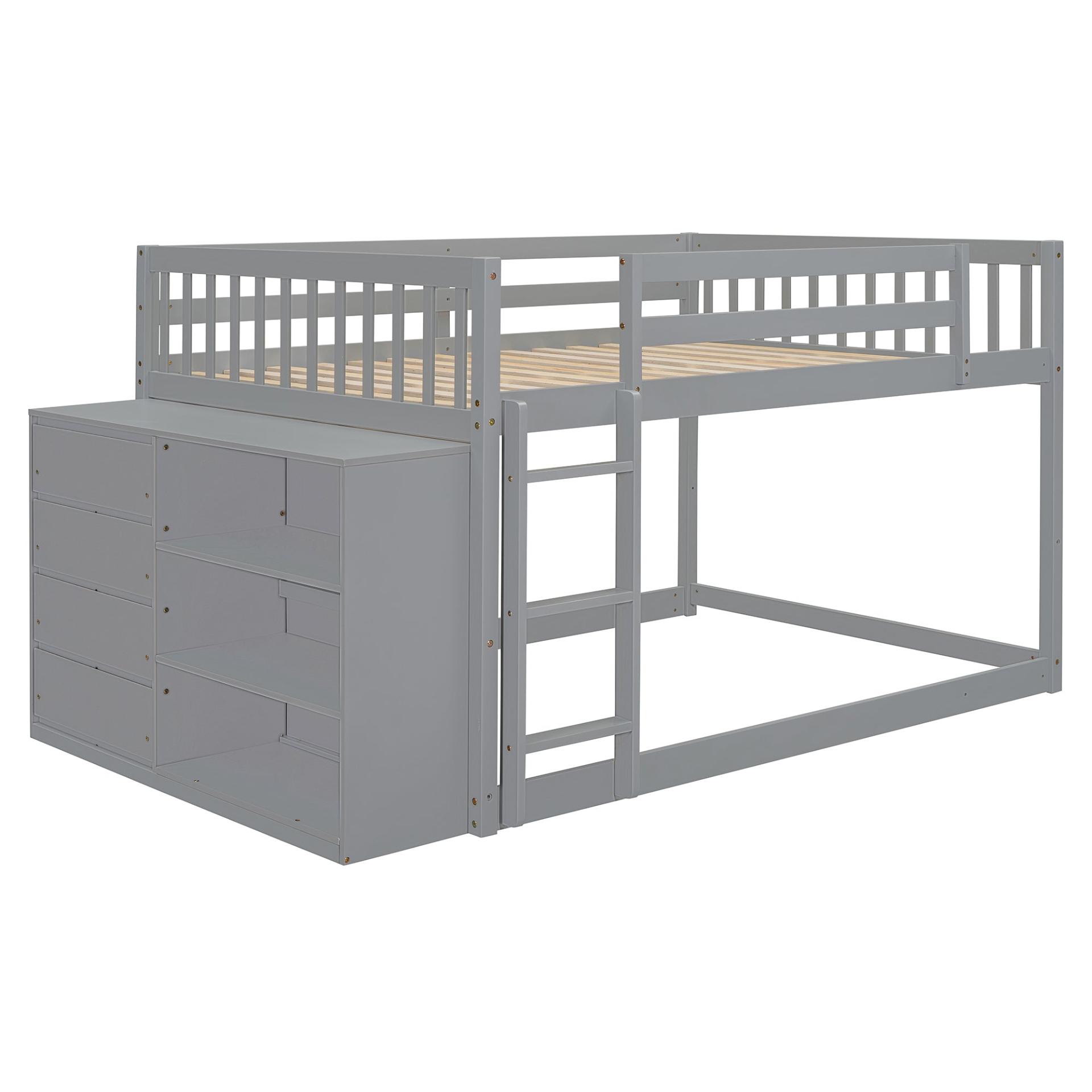 Elegant solid wood bunk bed with built-in shelves and storage drawers, featuring a sturdy design by Start2Finish furniture.
