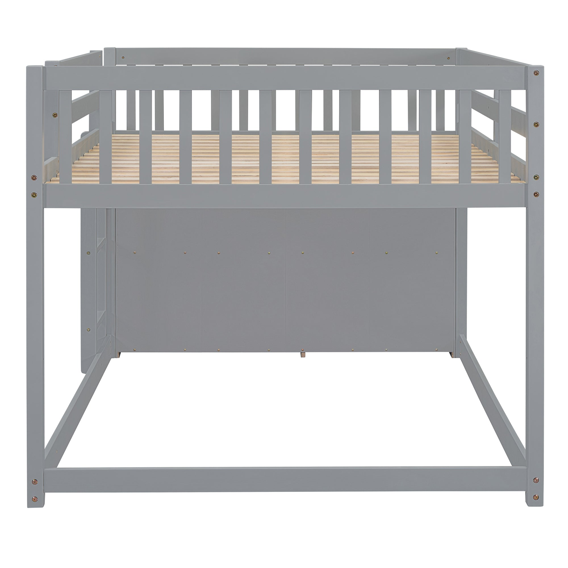 Elegant solid wood bunk bed by Start2Finish with built-in shelves and storage drawers, showcasing a sturdy design and natural wood finish.