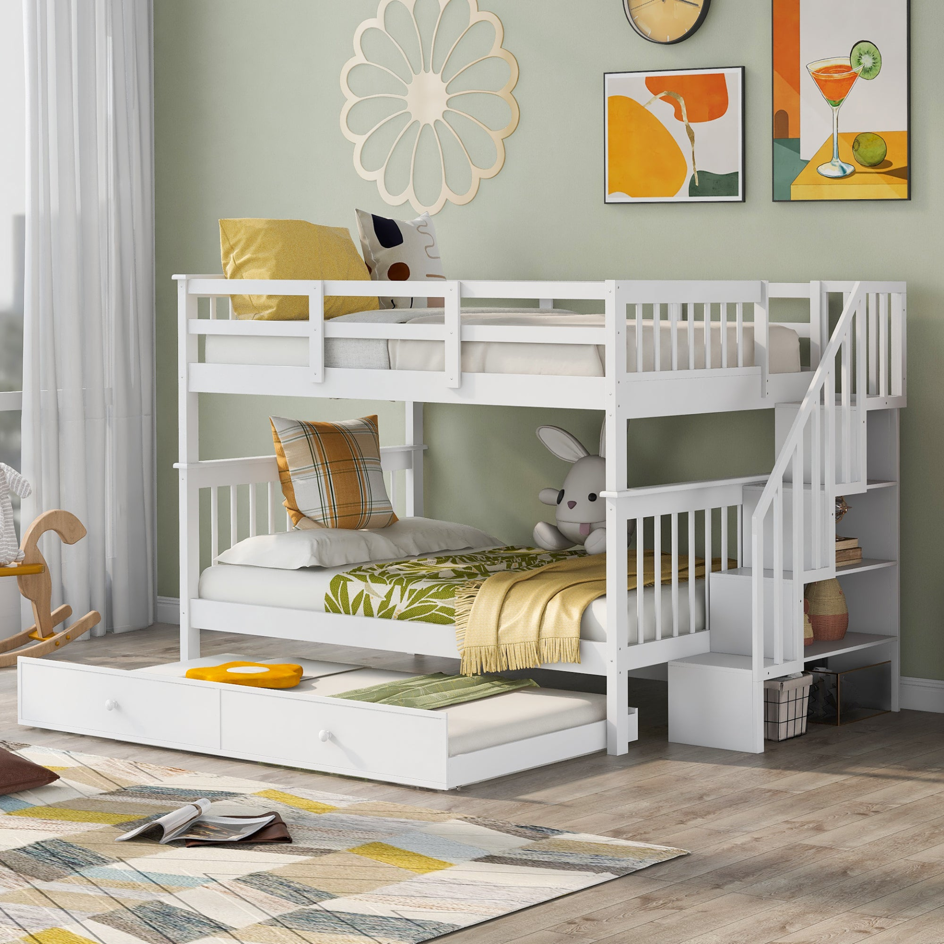 Start2Finish Stairway Full-Over-Full Bunk Bed with Twin Trundle, storage drawers, and guard rails in a bedroom setting