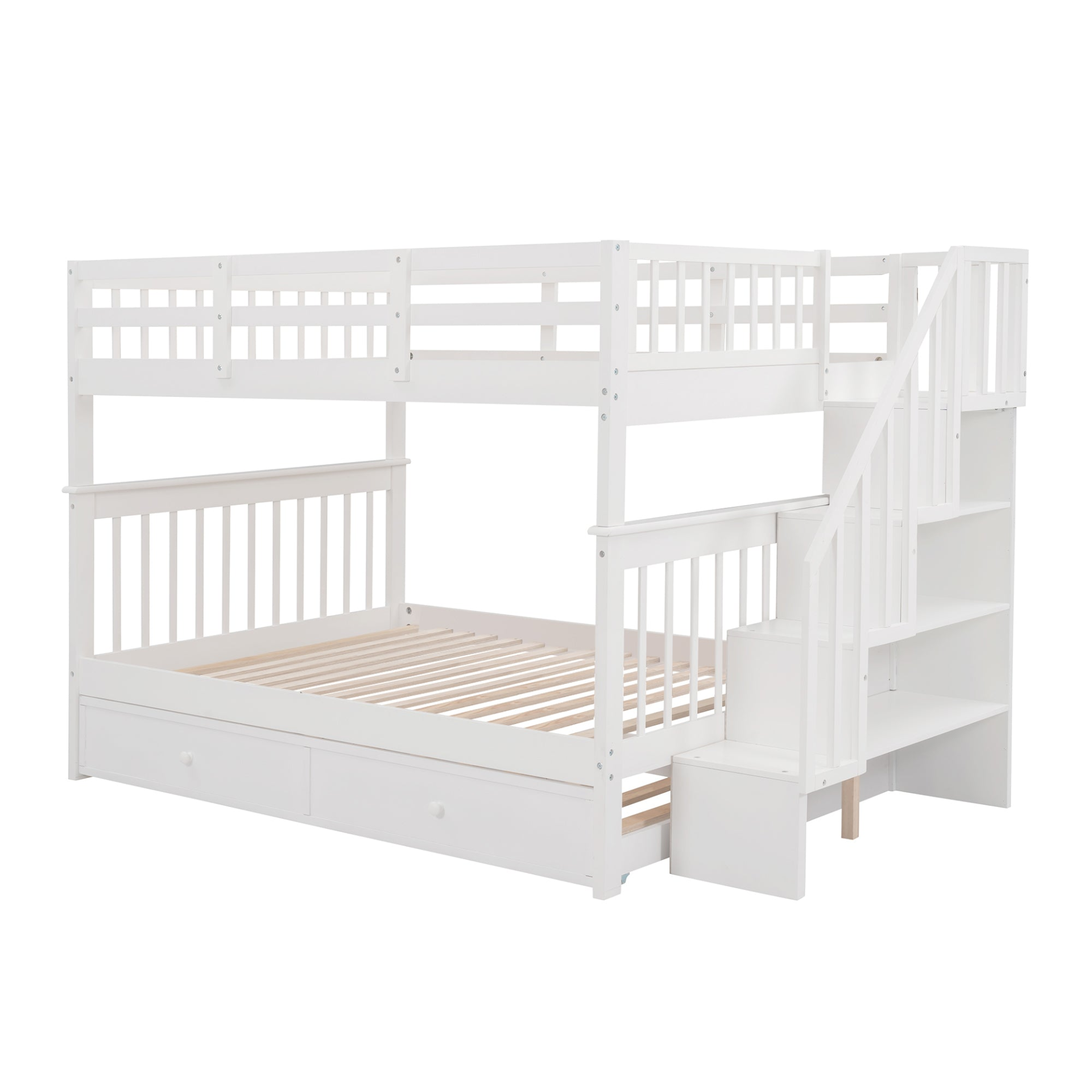 Start2Finish stairway full-over-full bunk bed with twin trundle, storage drawers, and guard rail, ideal for bedroom furniture.